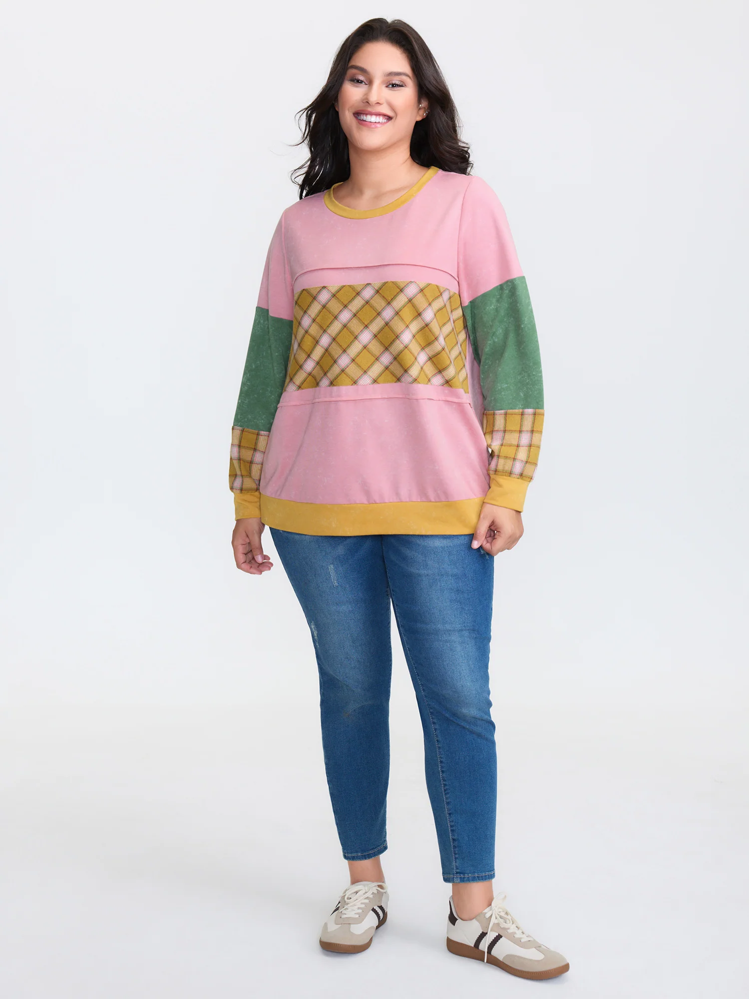 Colorblock Plaid Round Neck Sweatshirt - Image 3
