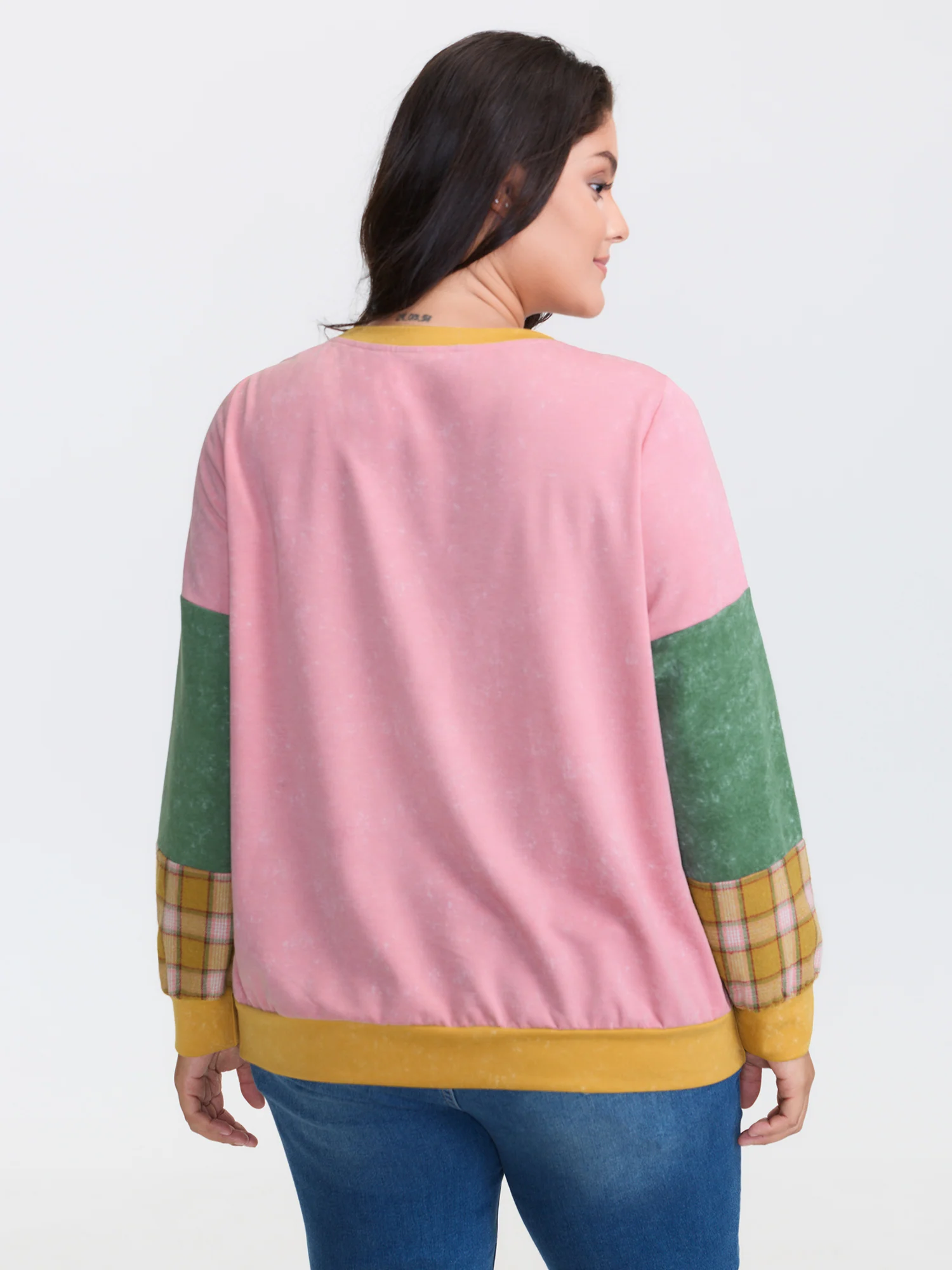 Colorblock Plaid Round Neck Sweatshirt - Image 4