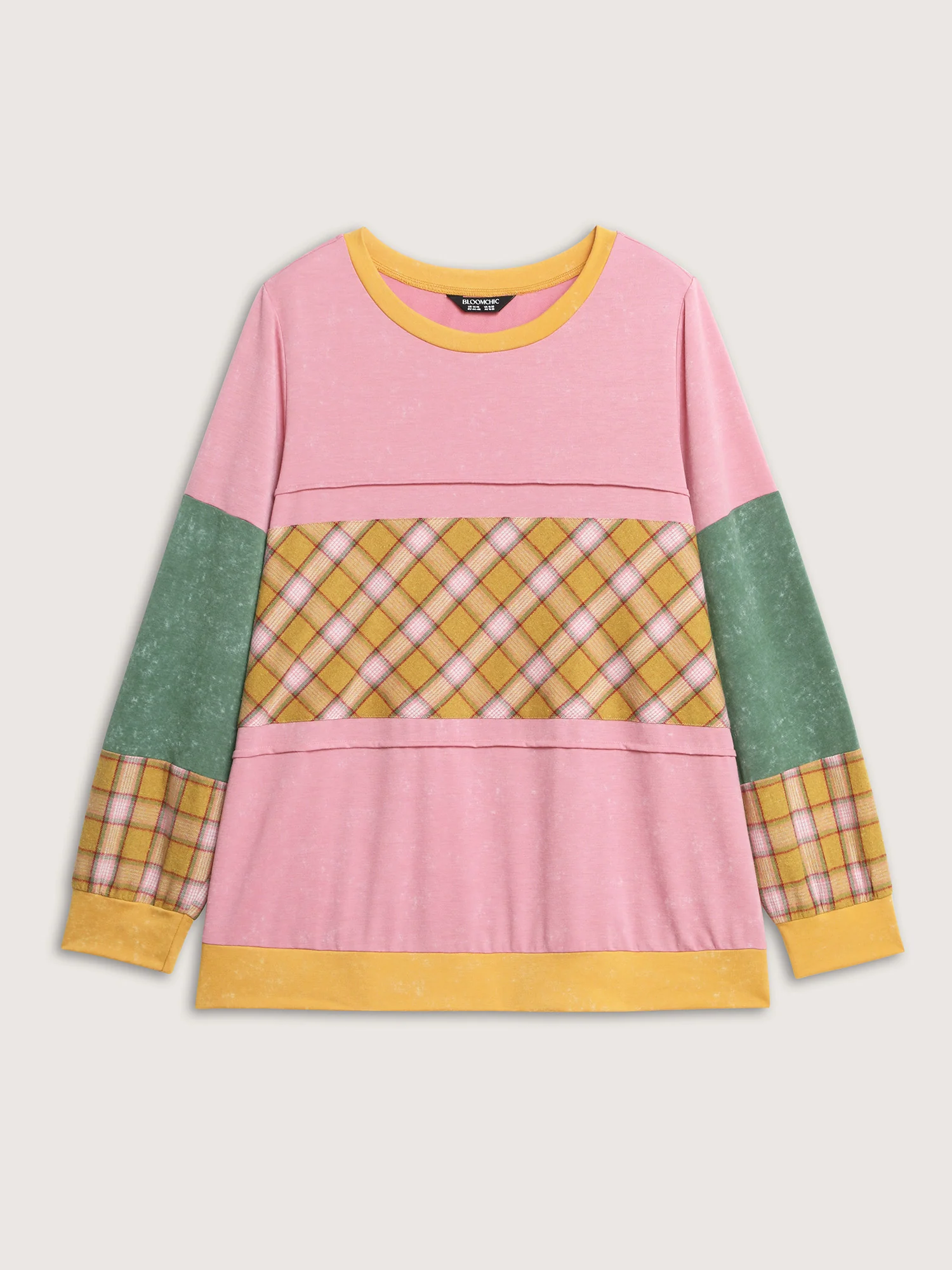 Colorblock Plaid Round Neck Sweatshirt - Image 7