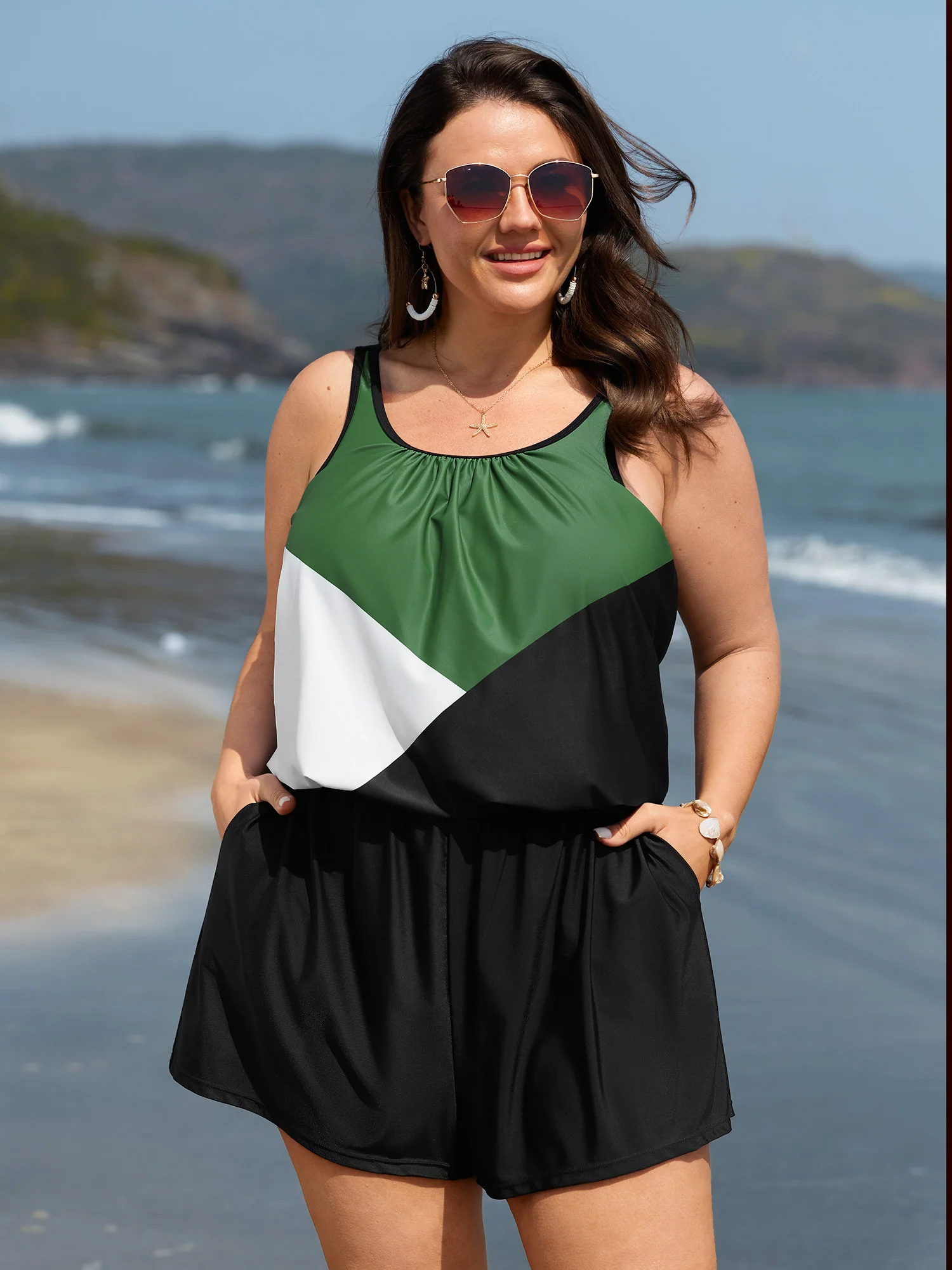 Colorblock Pockets Adjustable One-Piece Swimsuit - Image 3
