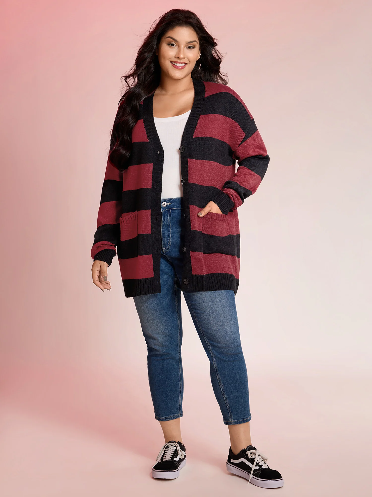 Colorblock Pockets Button Straight-Front Cardigan - Image 3