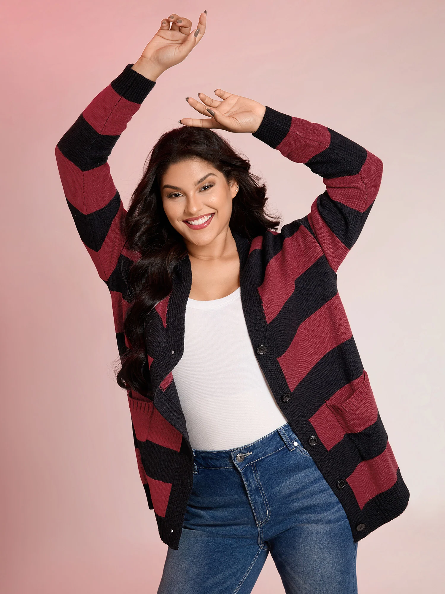 Colorblock Pockets Button Straight-Front Cardigan - Image 4