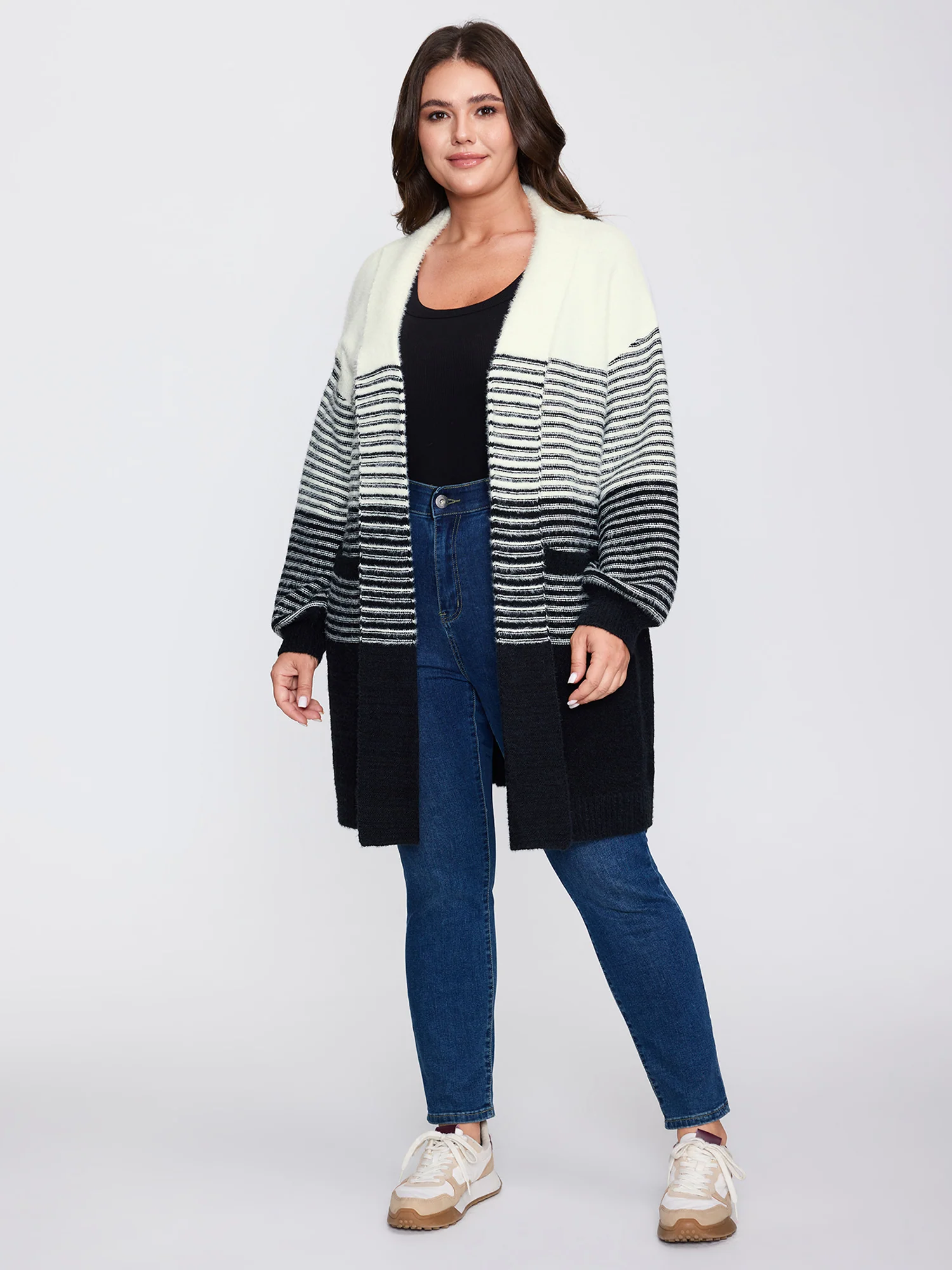 Colorblock Pockets Folded Collar Knit Cardigan - Image 3