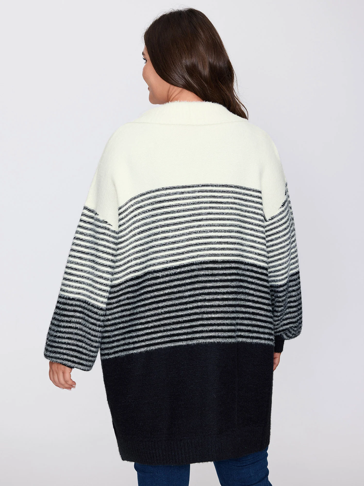 Colorblock Pockets Folded Collar Knit Cardigan - Image 4