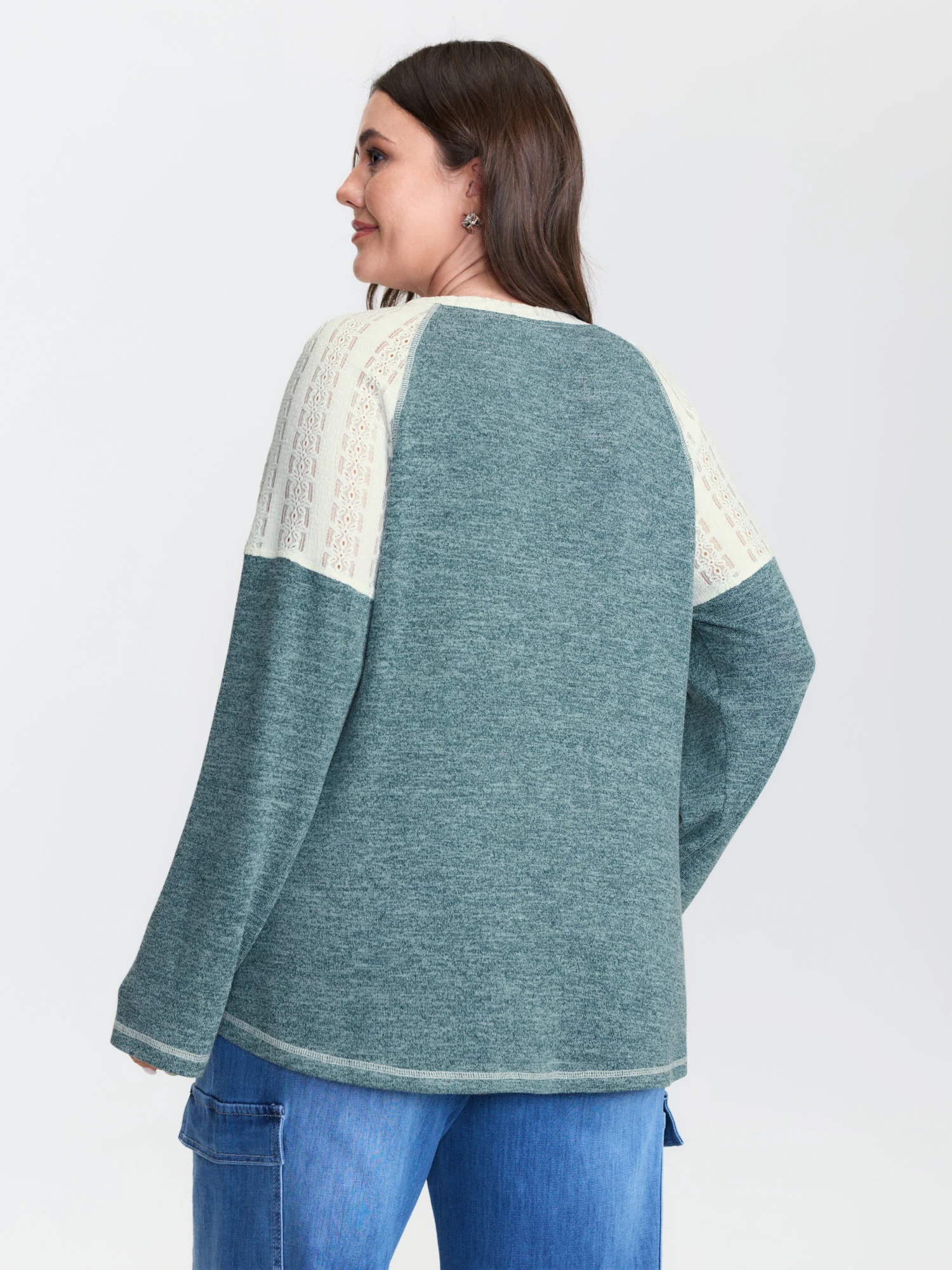 Colorblock Raglan Sleeve Lace Trim T-Shirt - Image 5