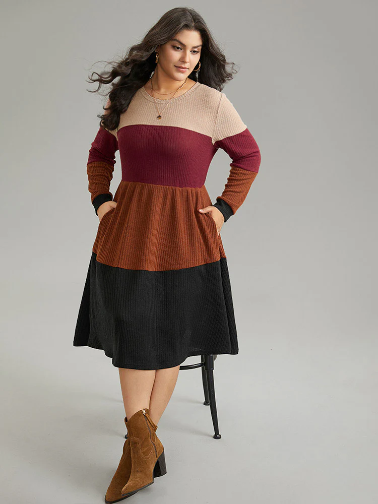 Colorblock Rib Knit Pocket Patchwork Dress - Image 2