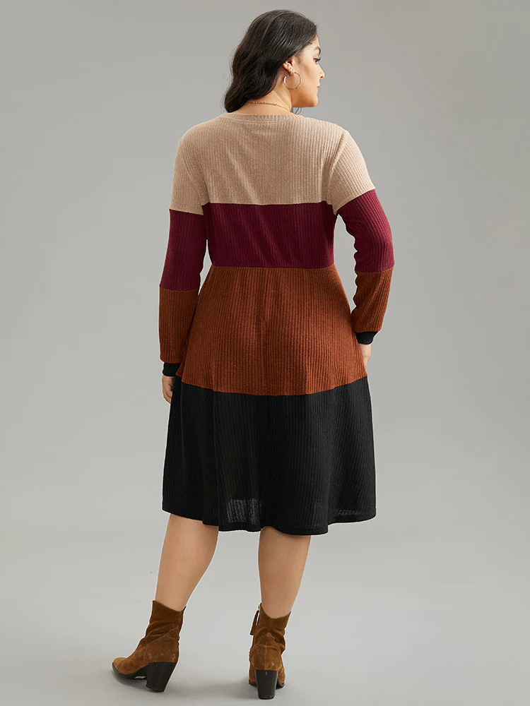 Colorblock Rib Knit Pocket Patchwork Dress - Image 3