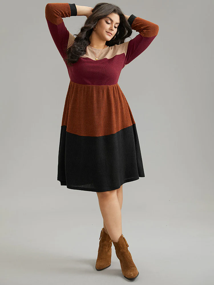 Colorblock Rib Knit Pocket Patchwork Dress - Image 4
