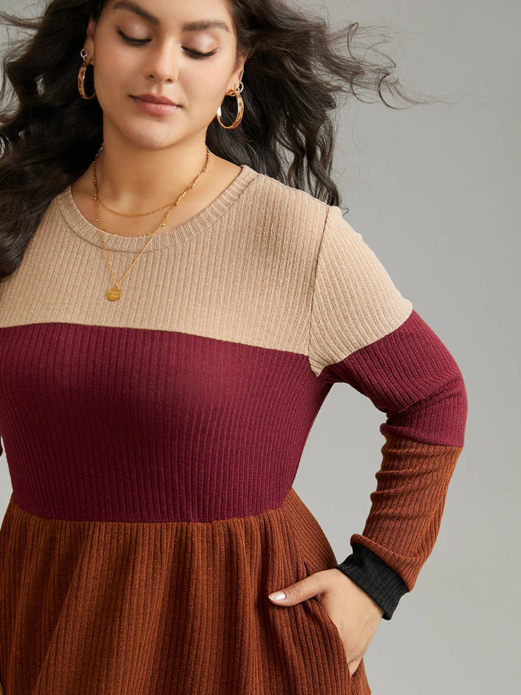 Colorblock Rib Knit Pocket Patchwork Dress - Image 5