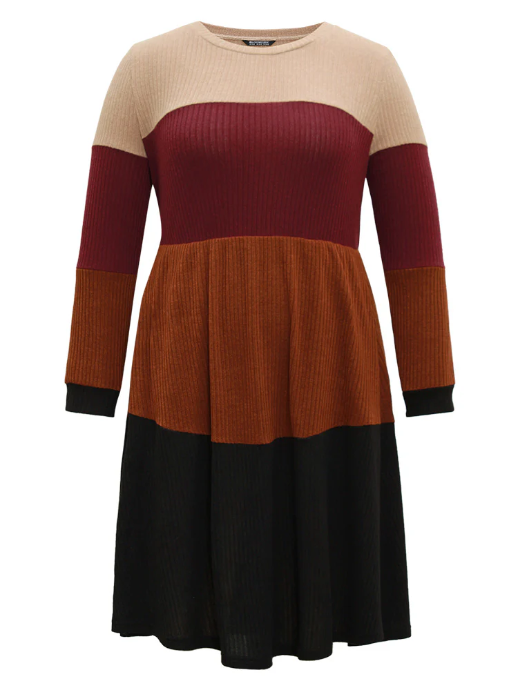 Colorblock Rib Knit Pocket Patchwork Dress - Image 6