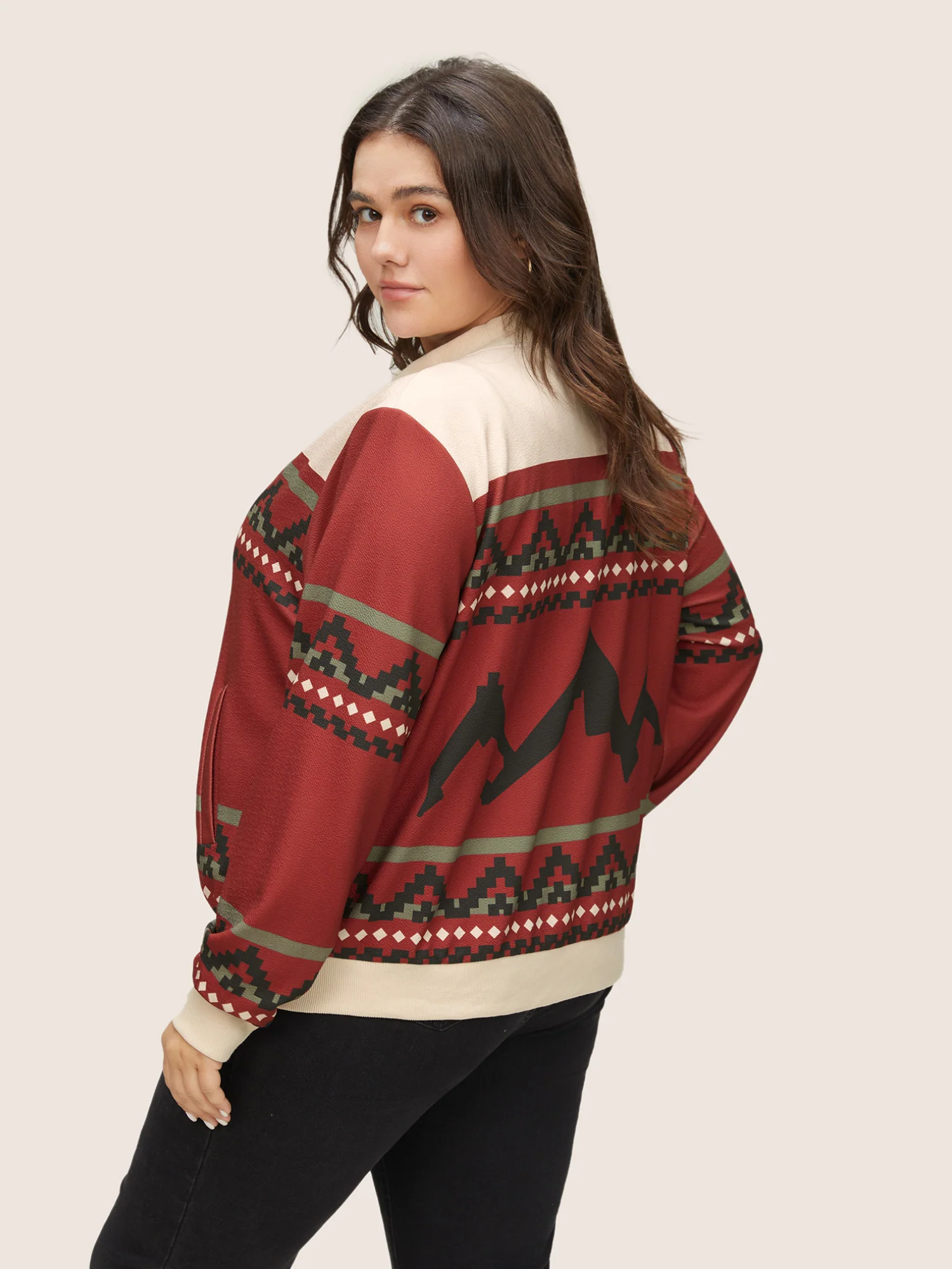 Colorblock Rib Knit Pocket Zipper Fly Jacket - Image 2