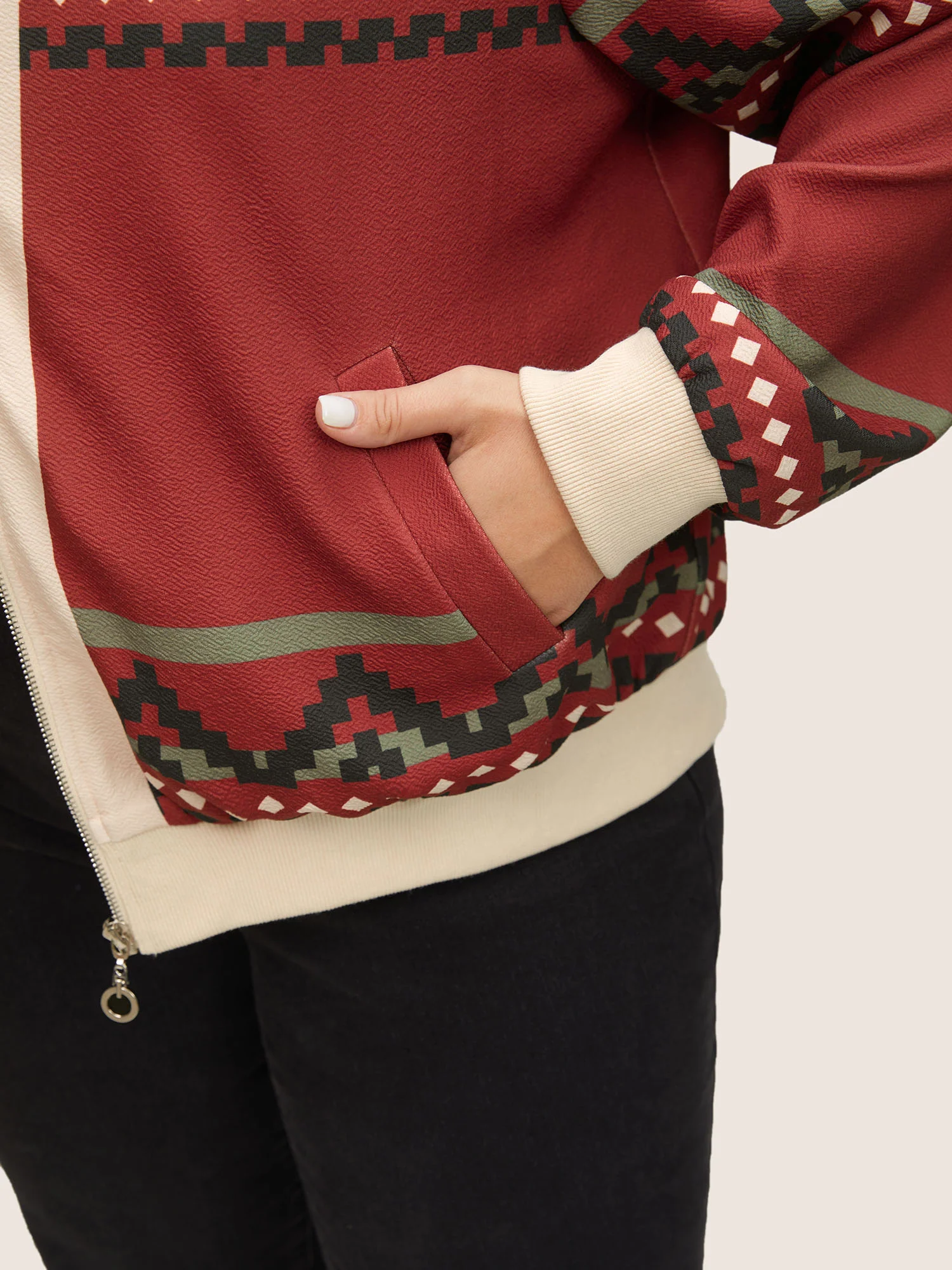 Colorblock Rib Knit Pocket Zipper Fly Jacket - Image 3