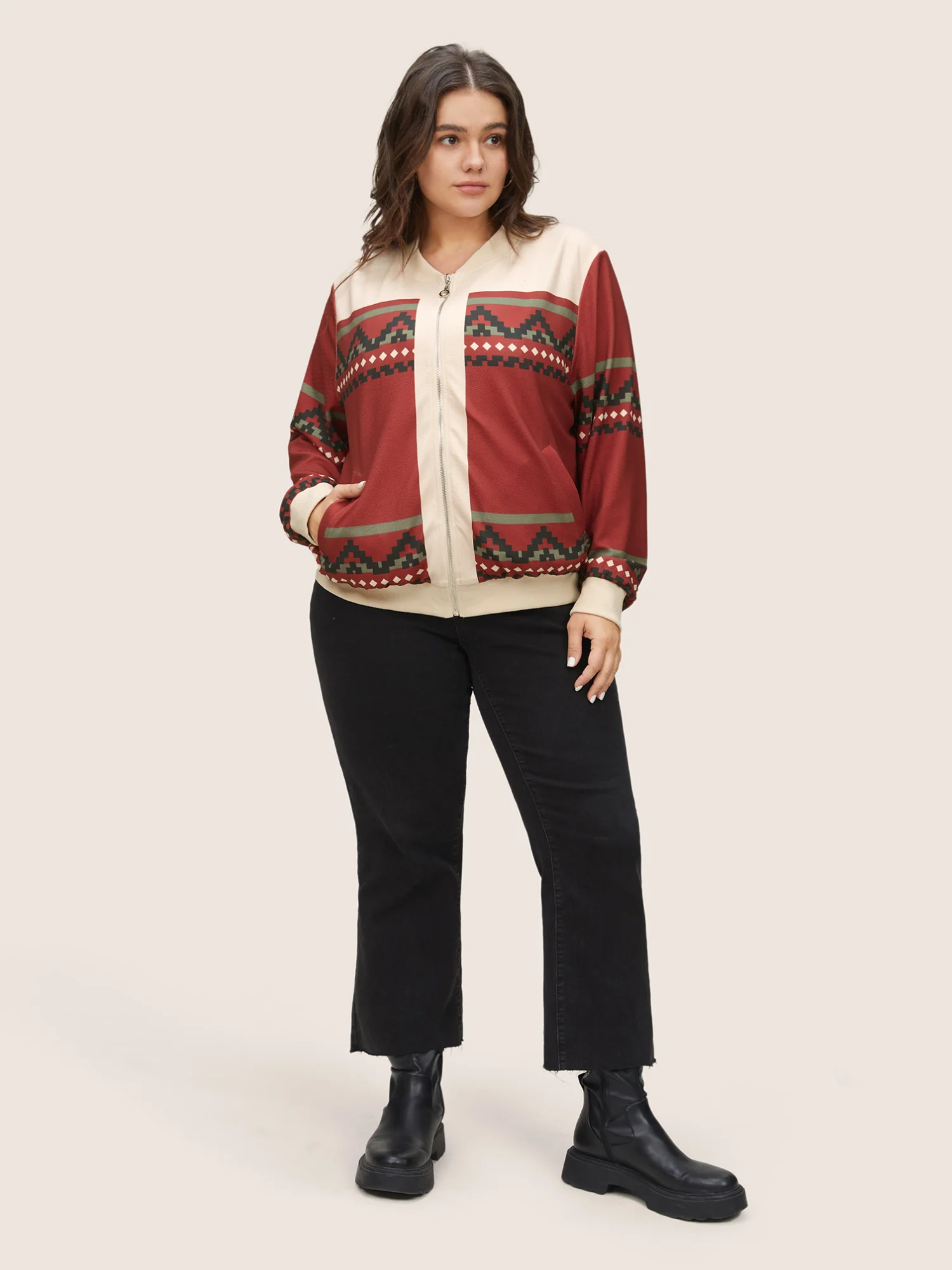 Colorblock Rib Knit Pocket Zipper Fly Jacket - Image 4