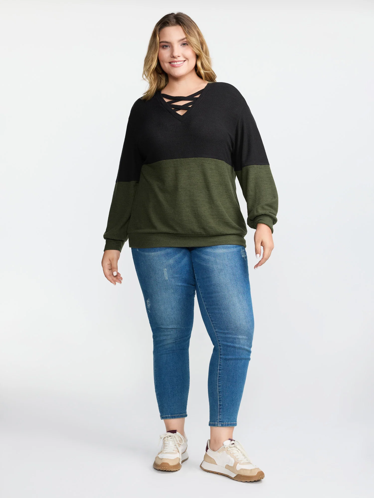 Colorblock Spliced Cross-Tie Sweatshirt - Image 10