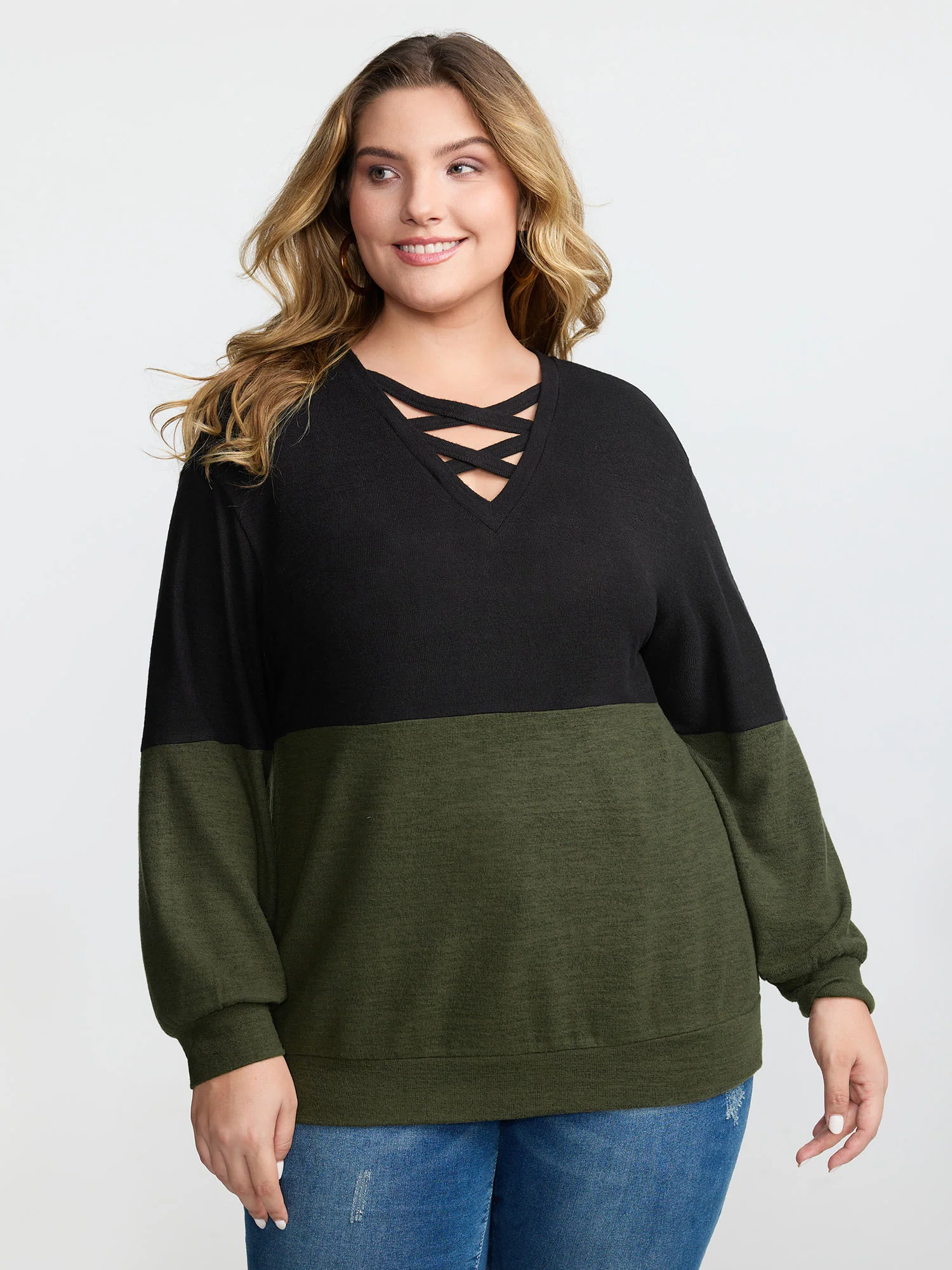 Colorblock Spliced Cross-Tie Sweatshirt - Image 9