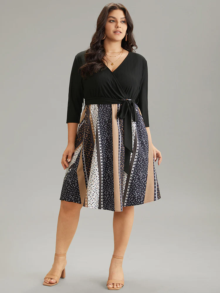 Colorblock Striped Belted Pocket Patchwork Dress - Image 2