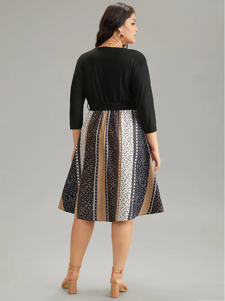 Colorblock Striped Belted Pocket Patchwork Dress - Image 3