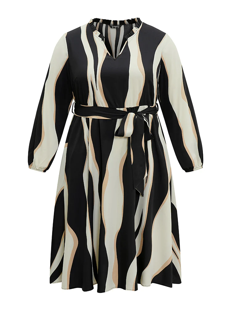 Colorblock Striped Notched Belted Lantern Sleeve Dress - Image 5