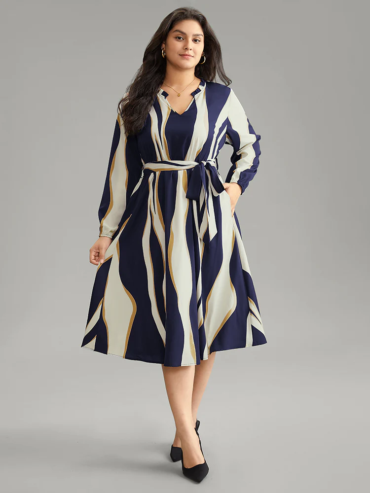 Colorblock Striped Notched Belted Lantern Sleeve Dress - Image 6