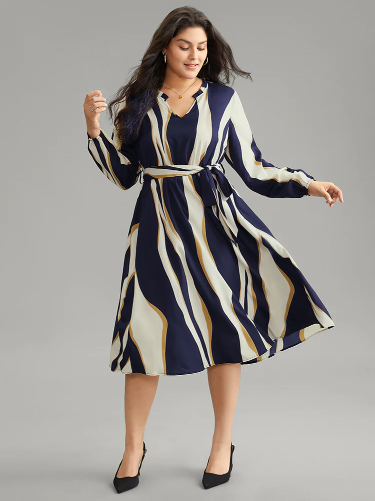 Colorblock Striped Notched Belted Lantern Sleeve Dress - Image 8