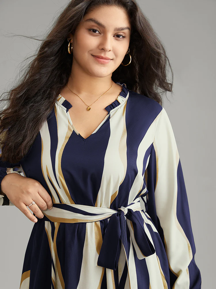 Colorblock Striped Notched Belted Lantern Sleeve Dress - Image 9