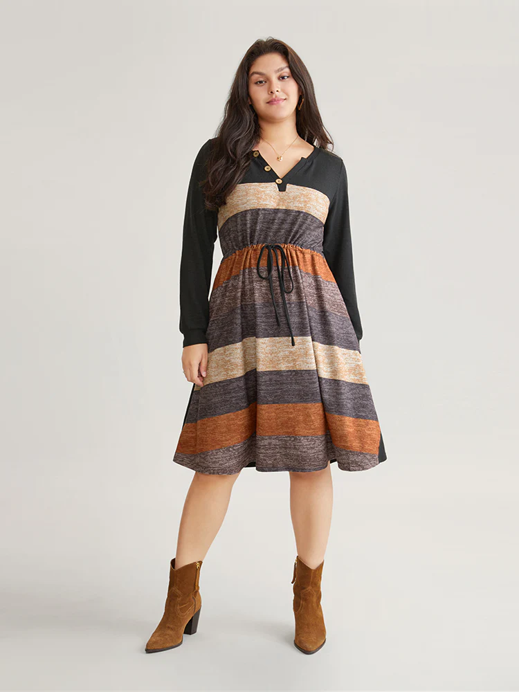 Colorblock Striped Pocket Notched Drawstring Dress - Image 2