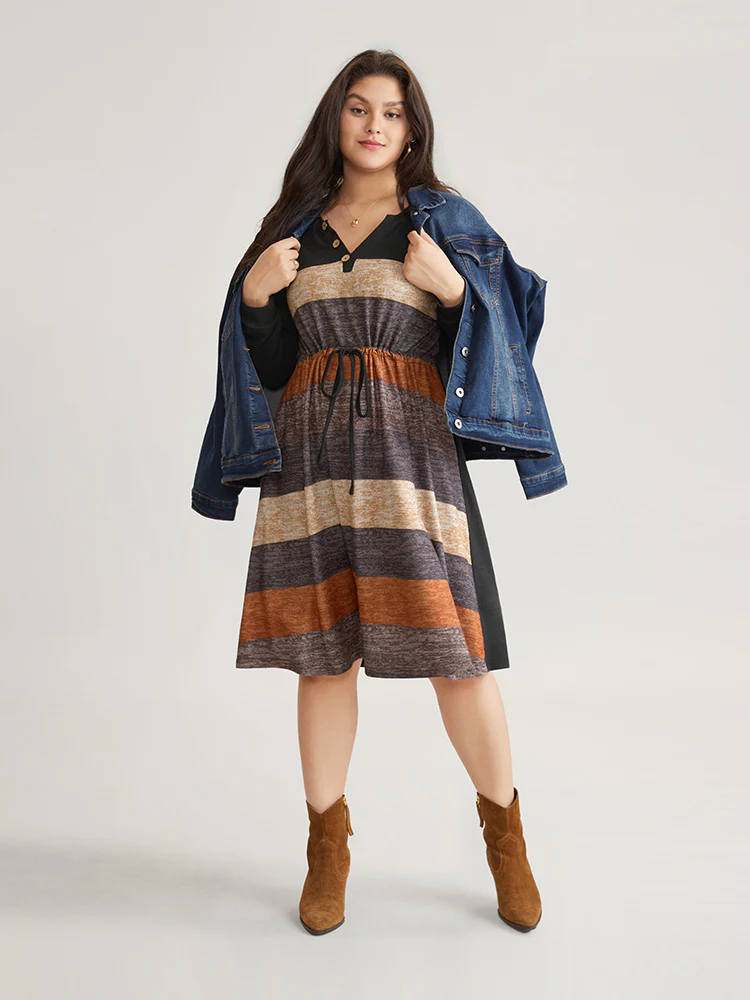 Colorblock Striped Pocket Notched Drawstring Dress - Image 3