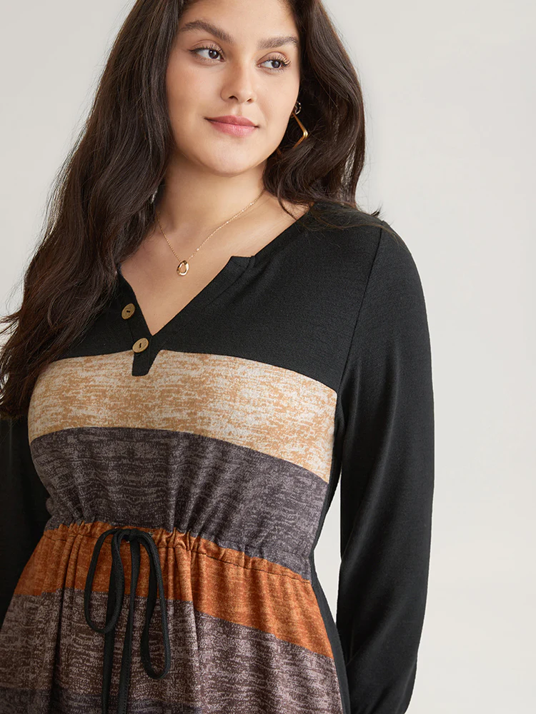 Colorblock Striped Pocket Notched Drawstring Dress - Image 4