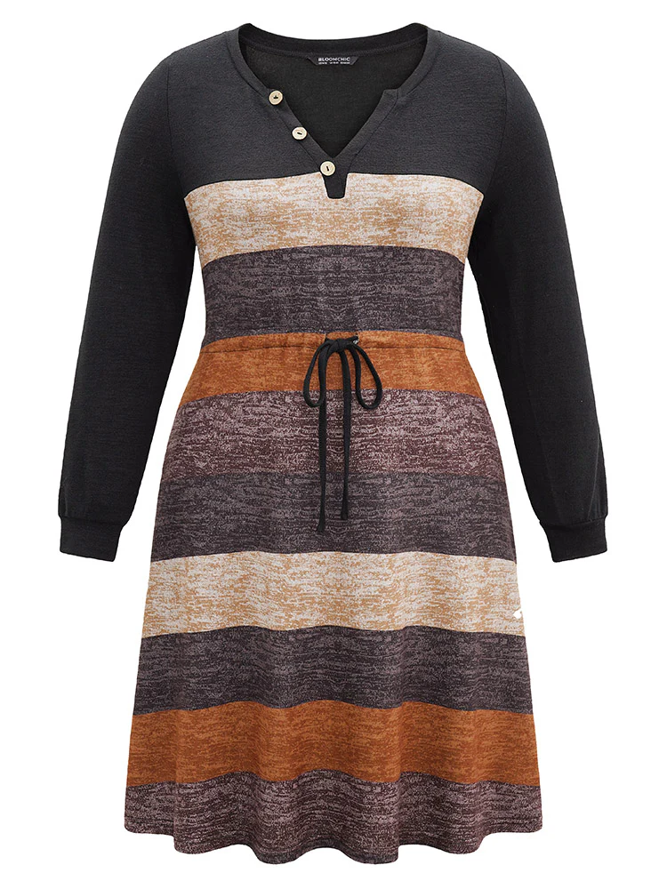 Colorblock Striped Pocket Notched Drawstring Dress - Image 6