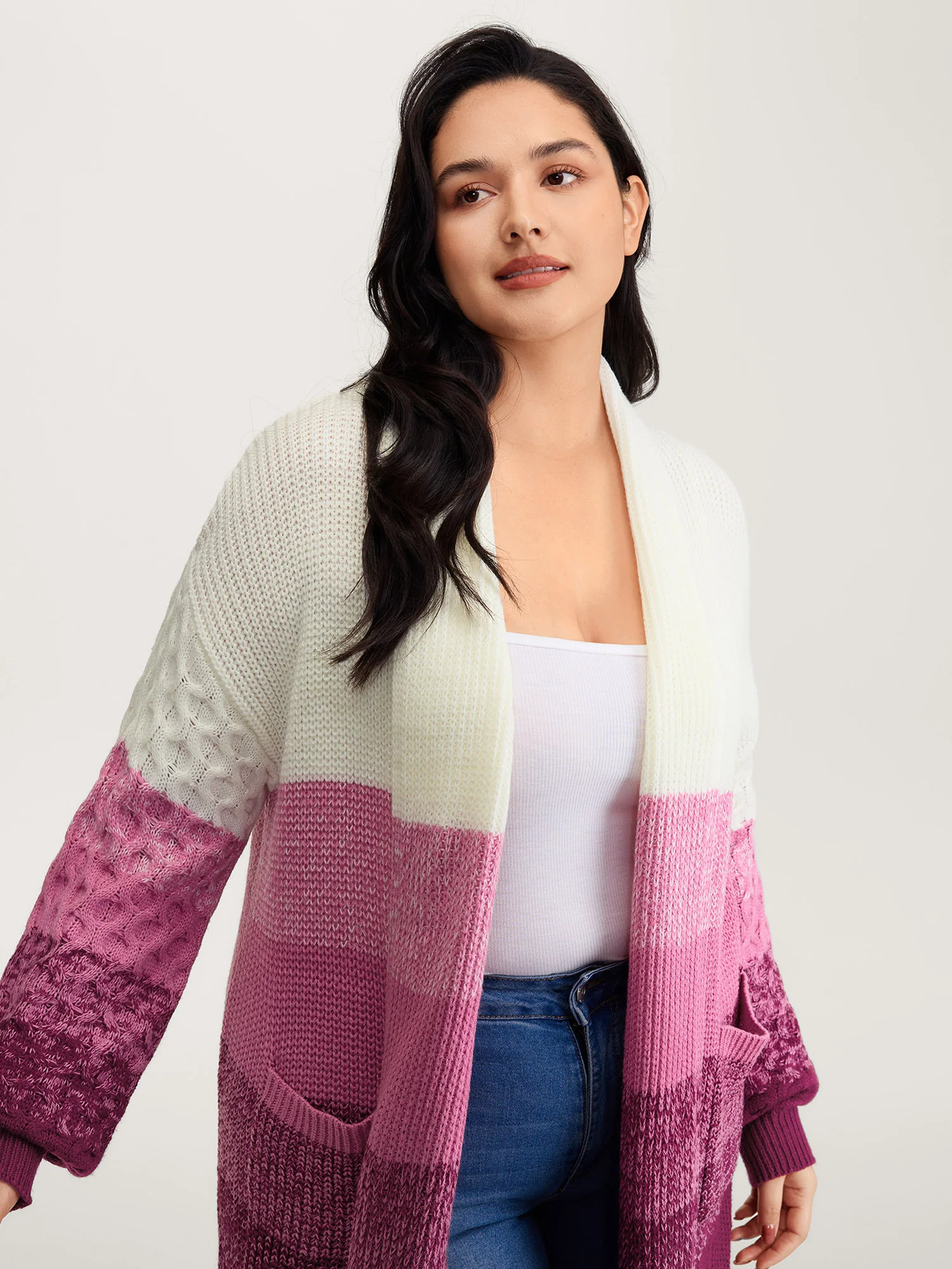 Colorblock Textured Folded Collar Knit Cardigan - Image 2