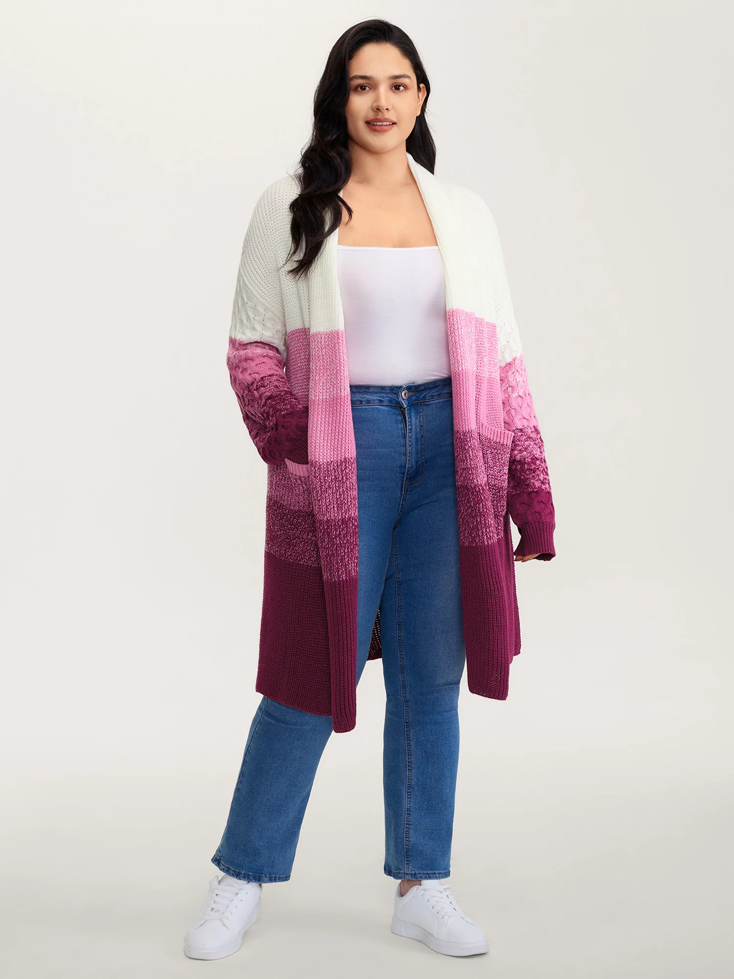 Colorblock Textured Folded Collar Knit Cardigan - Image 3