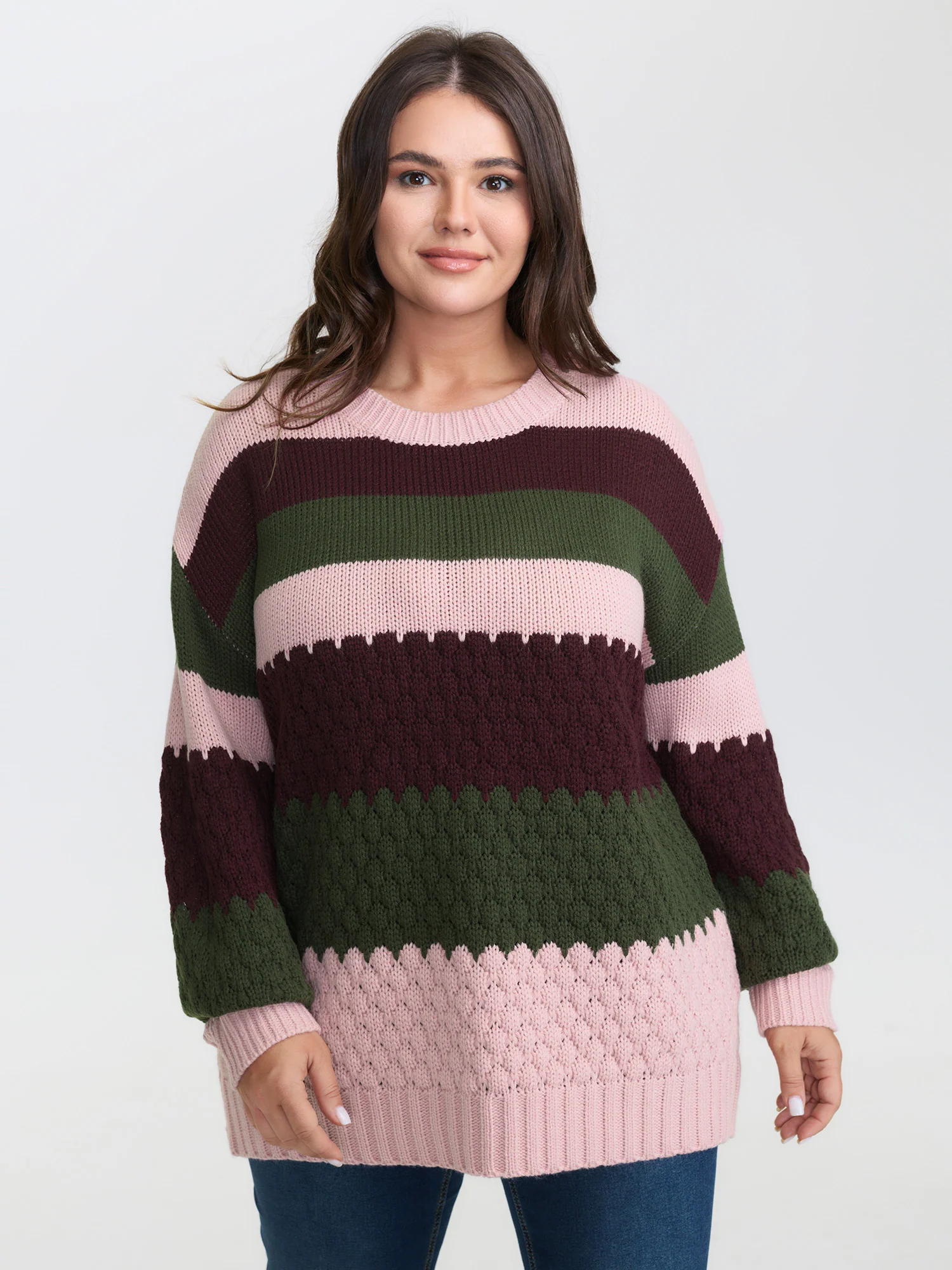 Colorblock Textured Ribbed Hem Pullover - Image 2