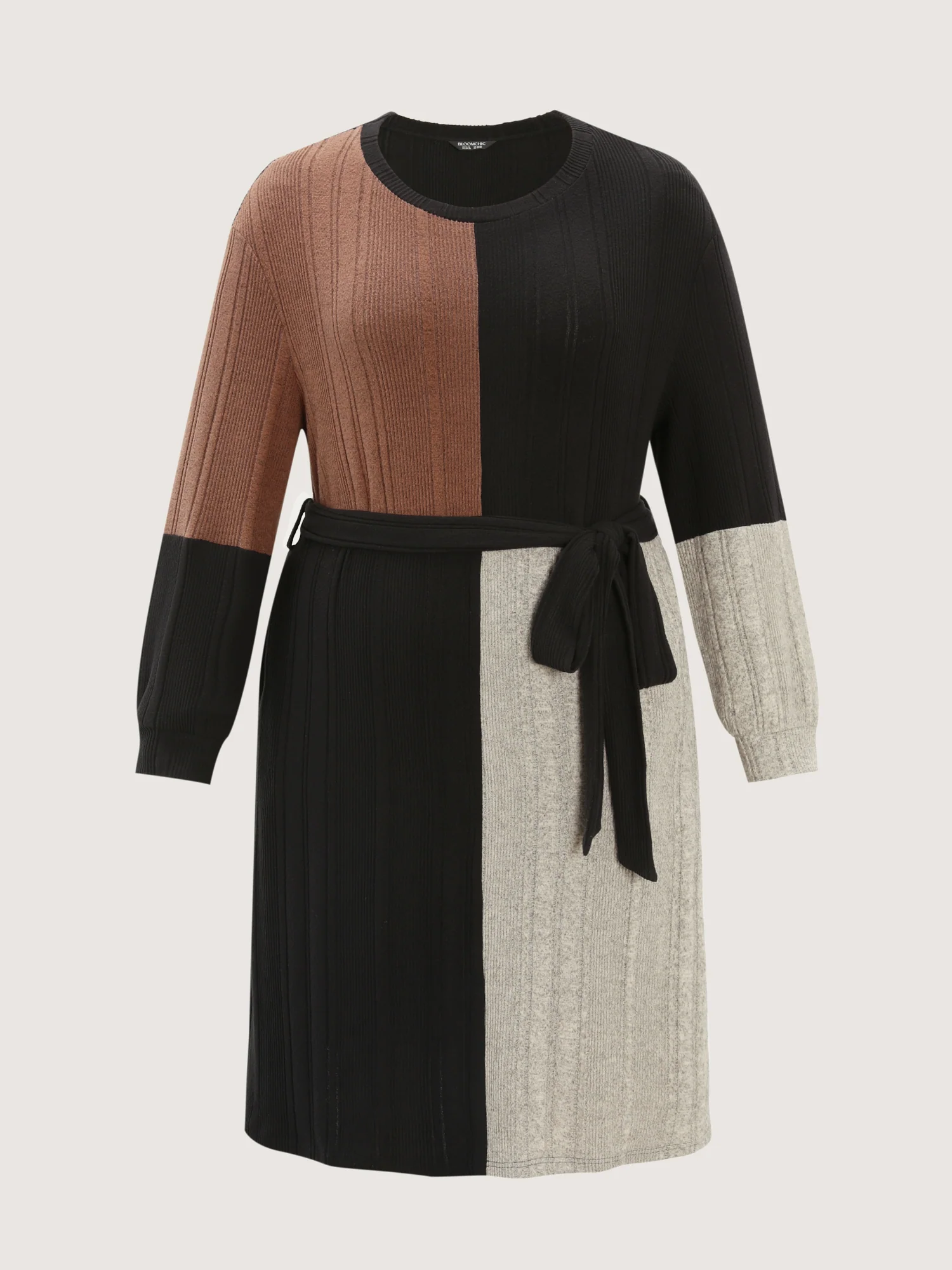 Colorblock Textured Waist-Tie Pockets Midi Dress - Image 7