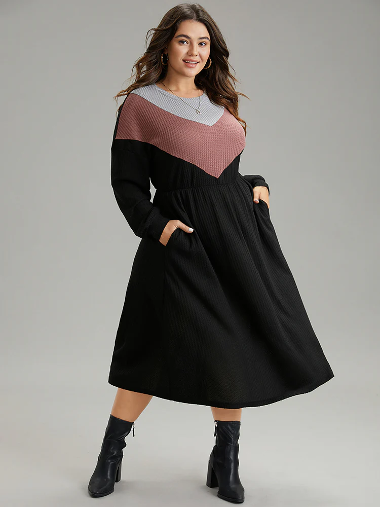 Colorblock Waffle Knit Pocket Drop Shoulder Dress - Image 2