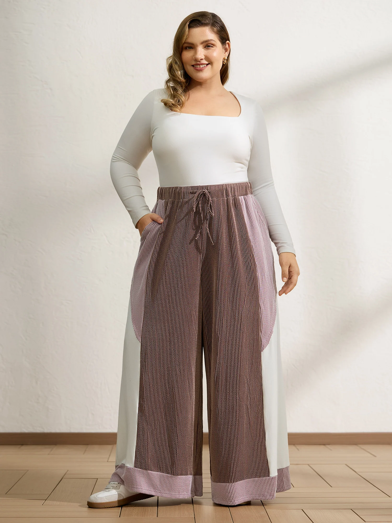 Colorblock Waist Drawstring Wide-Leg Pants - Image 2