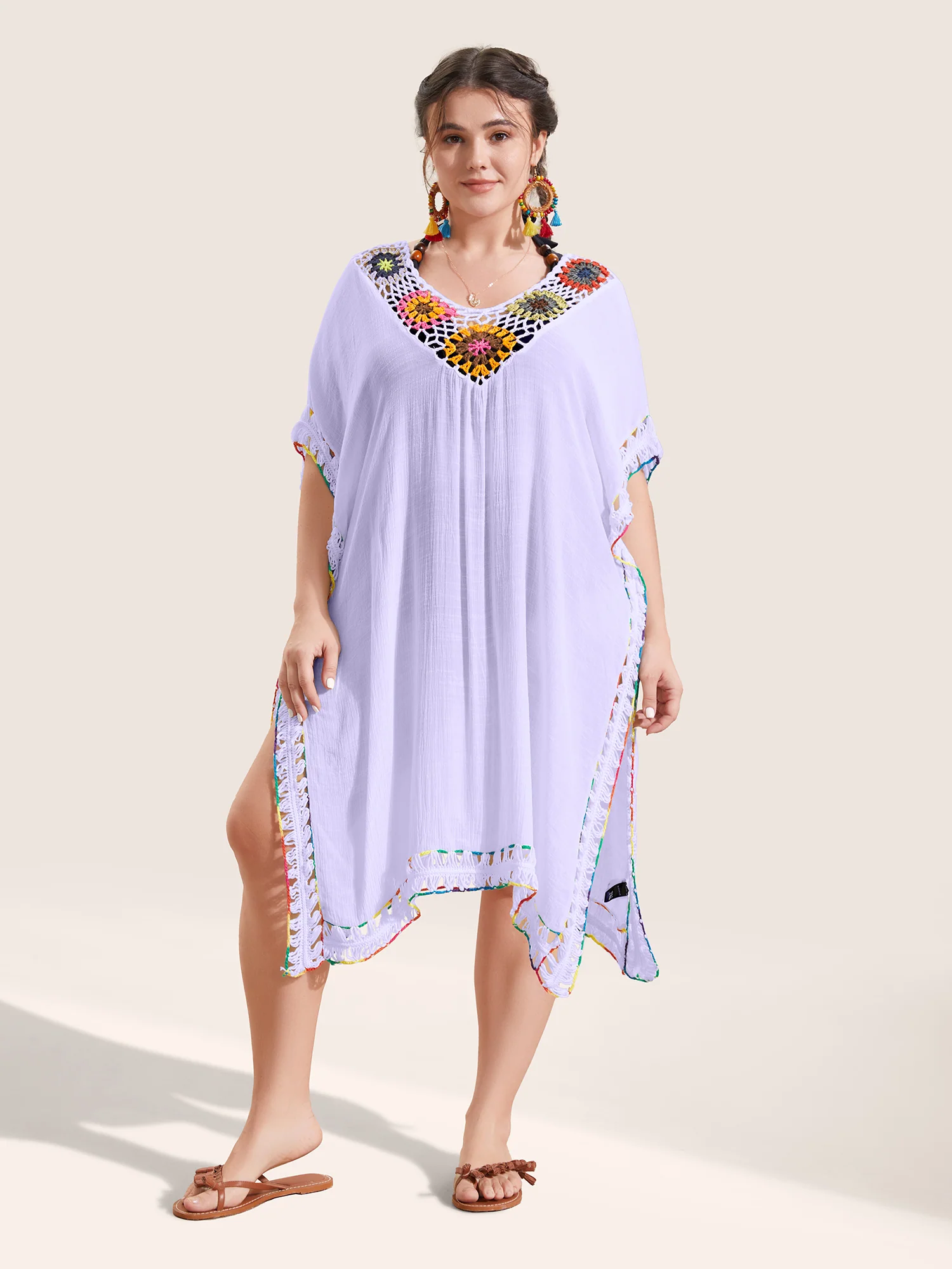 Colored Crochet Slit Hem Swim Cover Up