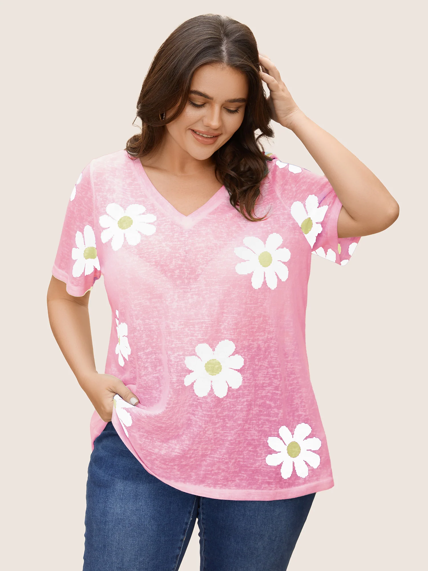 Colored Floral V Neck See Through T-Shirt - Image 2