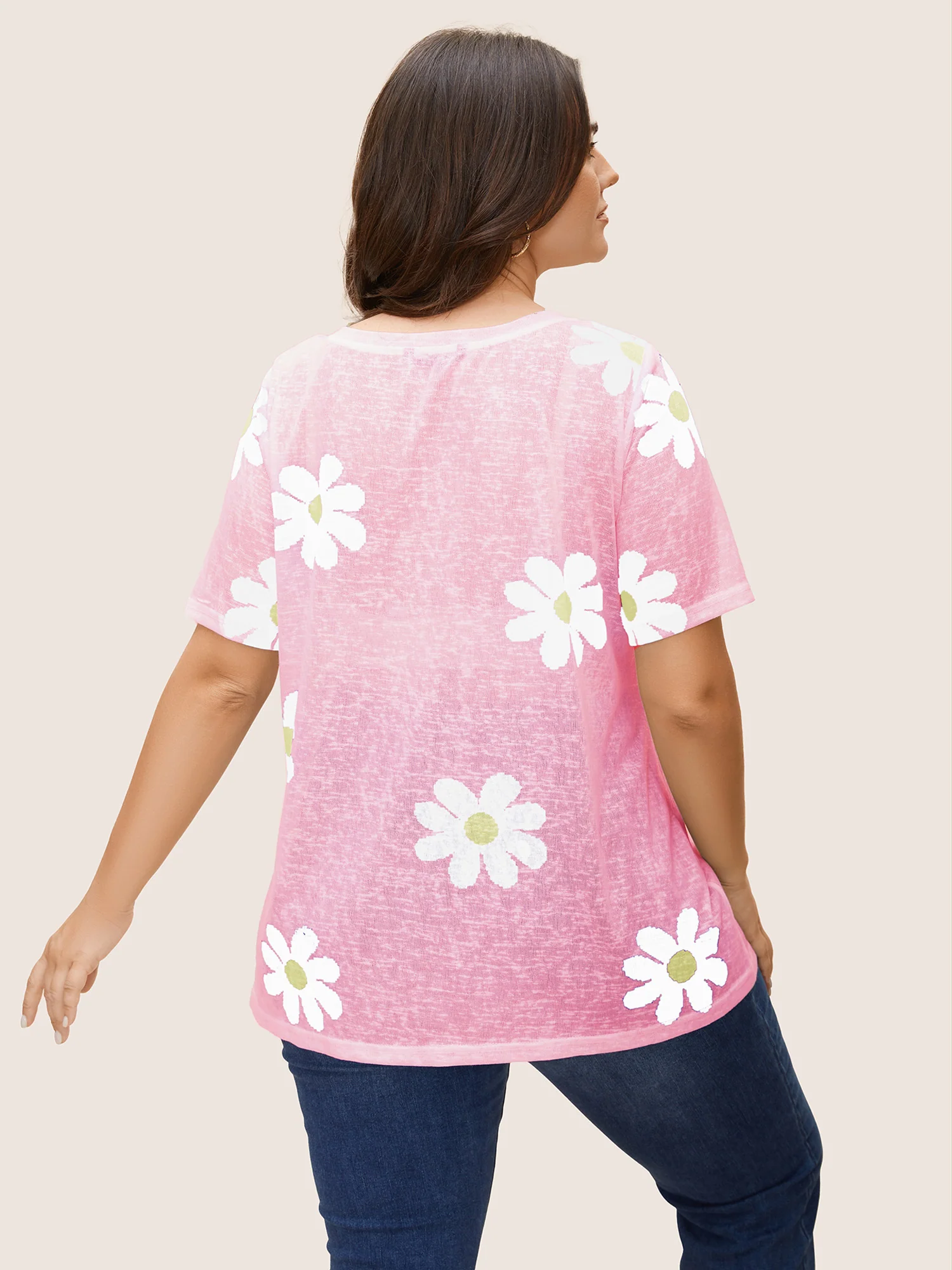 Colored Floral V Neck See Through T-Shirt - Image 3