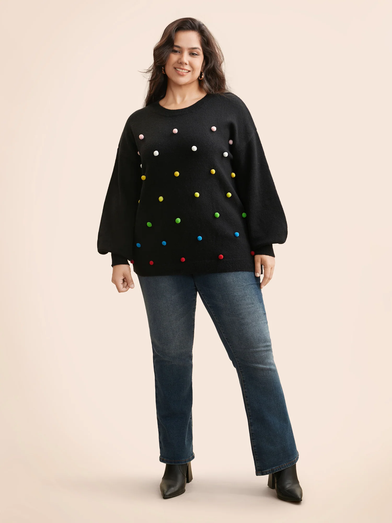 Colored Fluffy Ball Drop Shoulder Pullover - Image 2