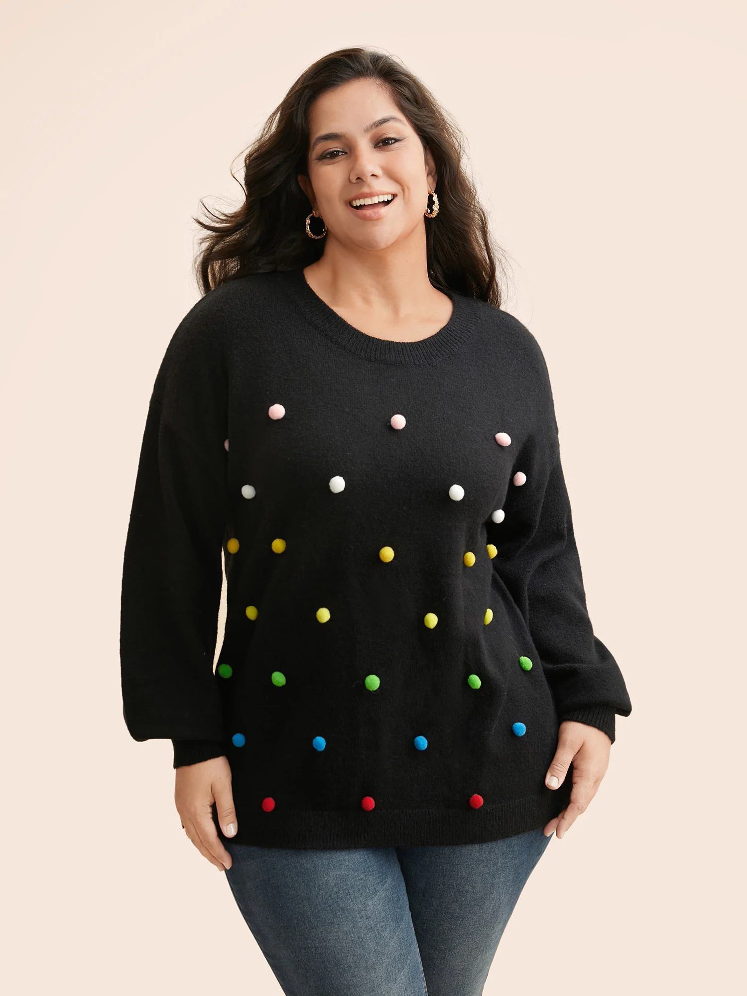 Colored Fluffy Ball Drop Shoulder Pullover - Image 3