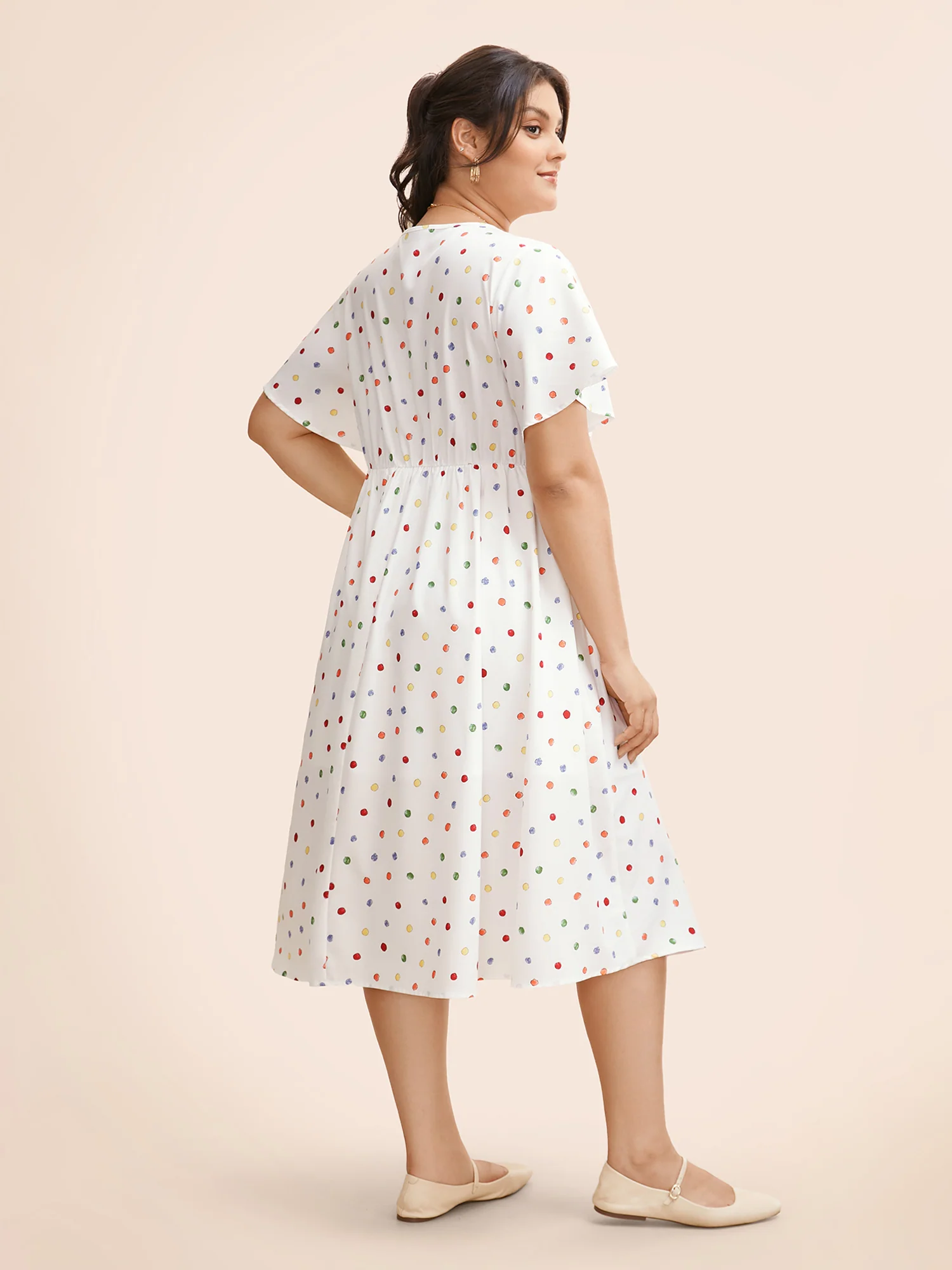 Colored Polka Dot Overlap Collar Midi Dress - Image 2