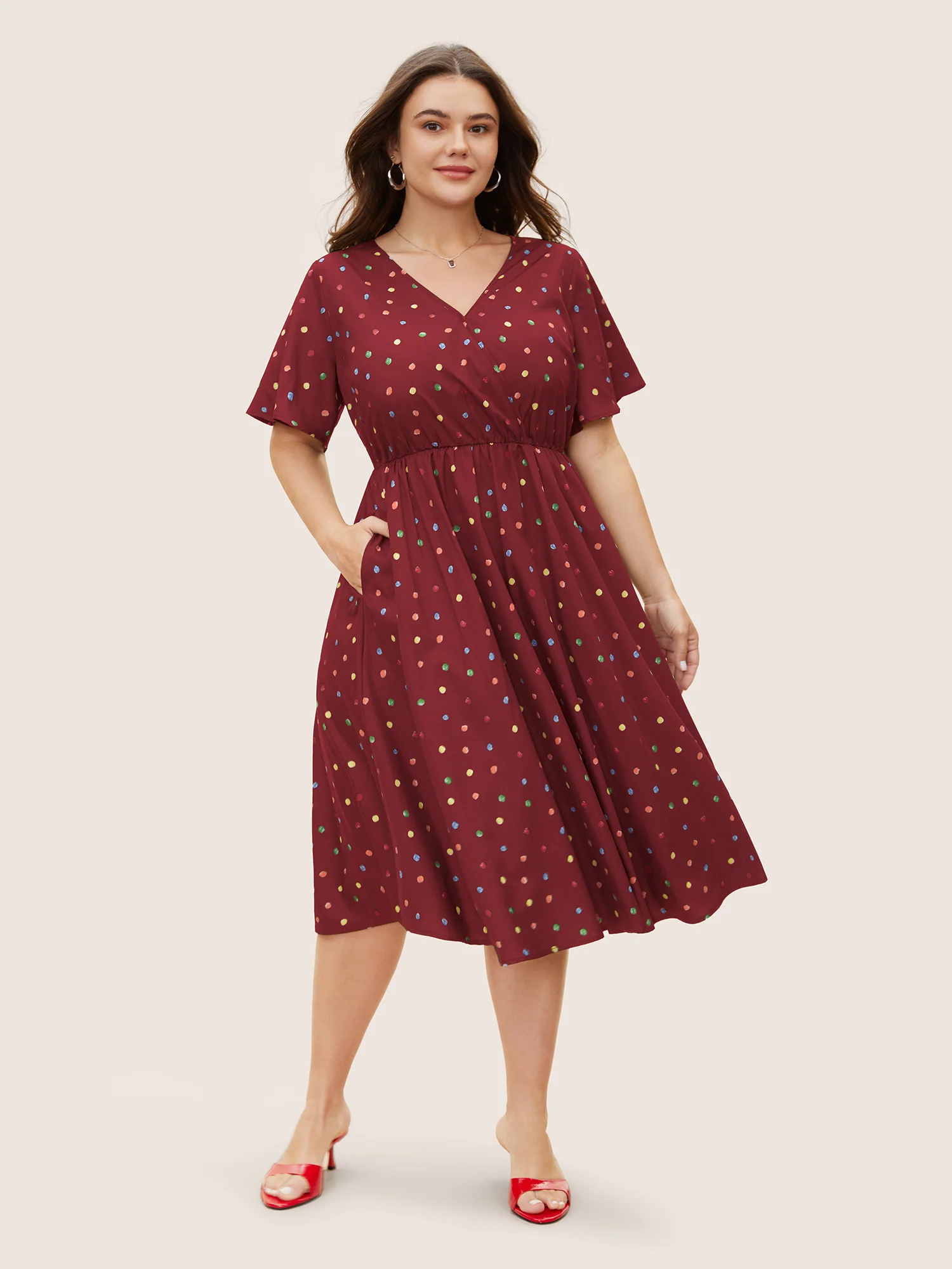 Colored Polka Dot Overlap Collar Midi Dress - Image 3