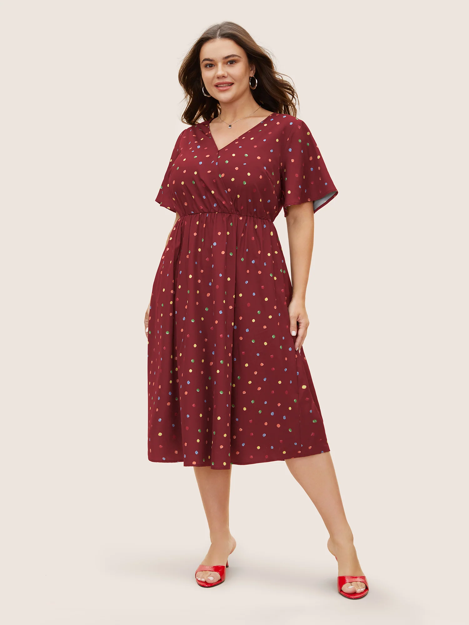 Colored Polka Dot Overlap Collar Midi Dress - Image 4