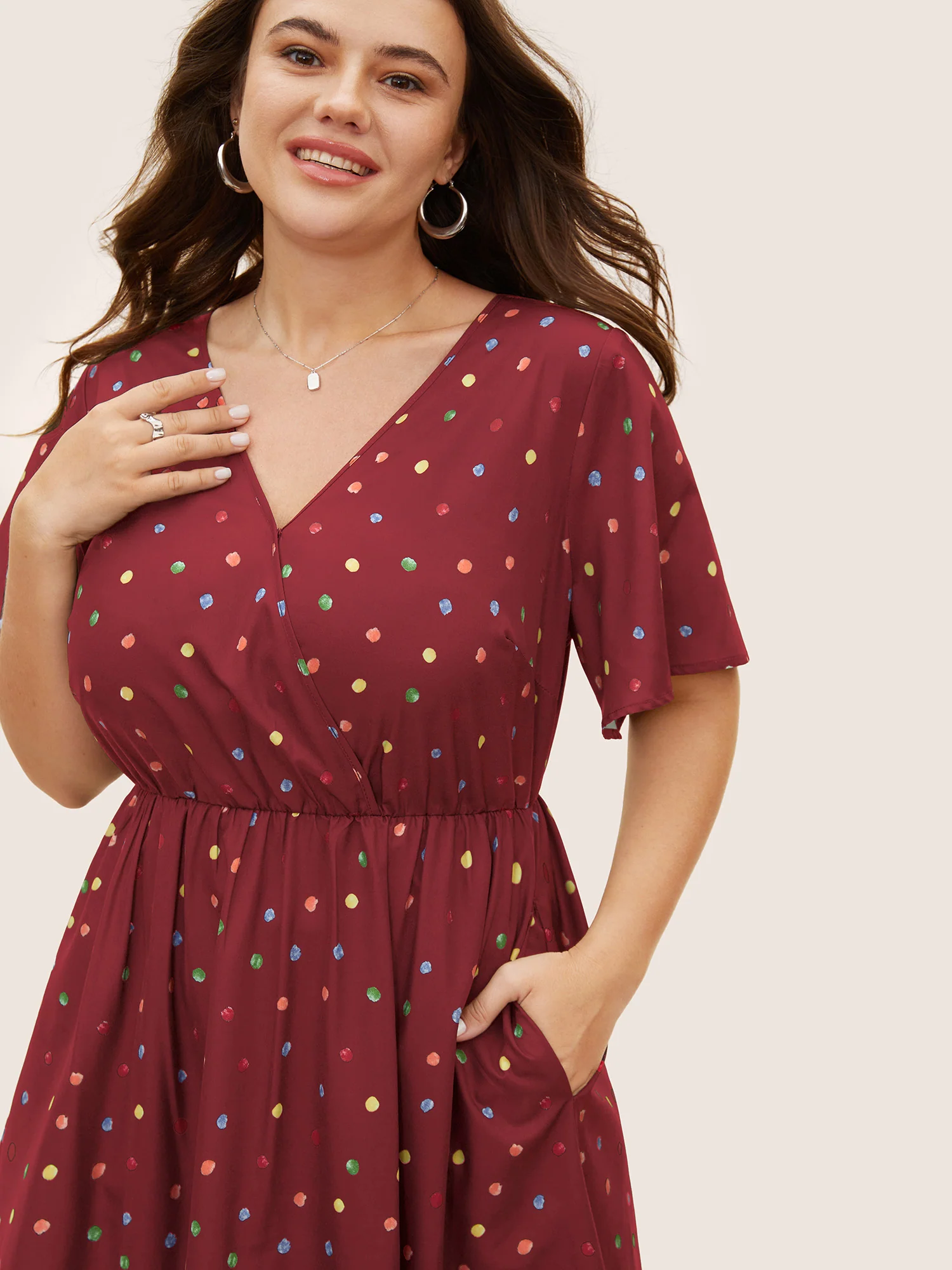 Colored Polka Dot Overlap Collar Midi Dress - Image 5