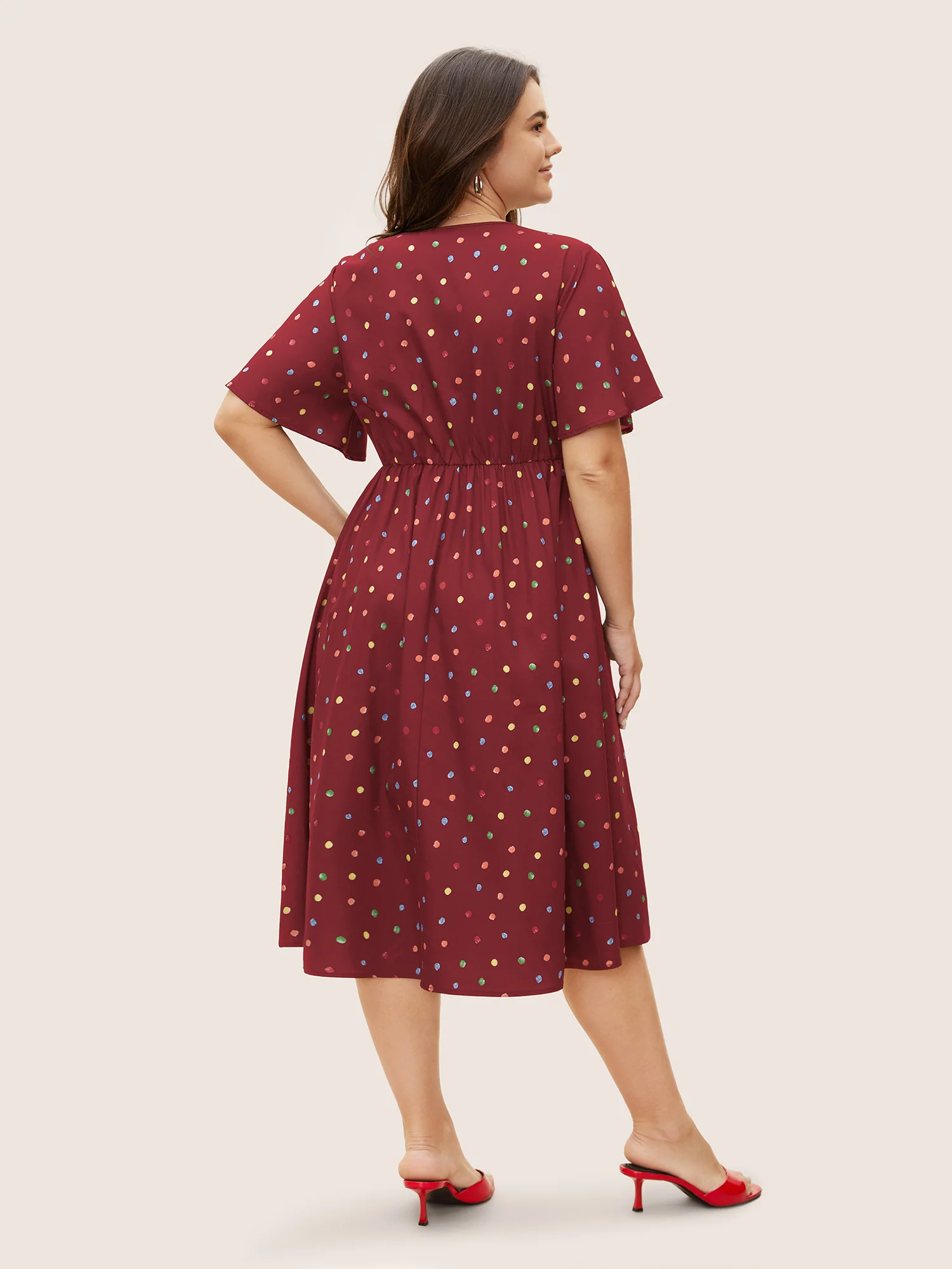 Colored Polka Dot Overlap Collar Midi Dress - Image 6