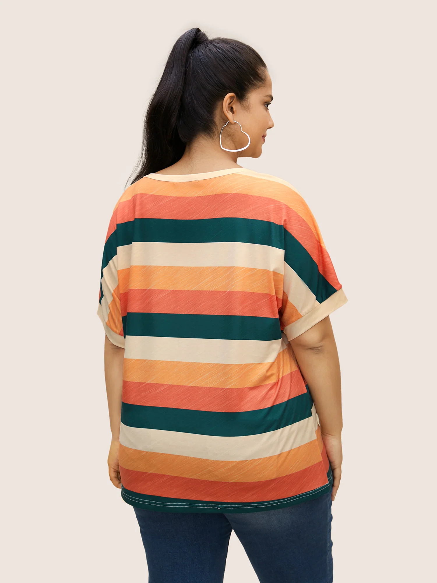 Colored Striped Crew Neck Batwing Sleeve T-shirt - Image 2