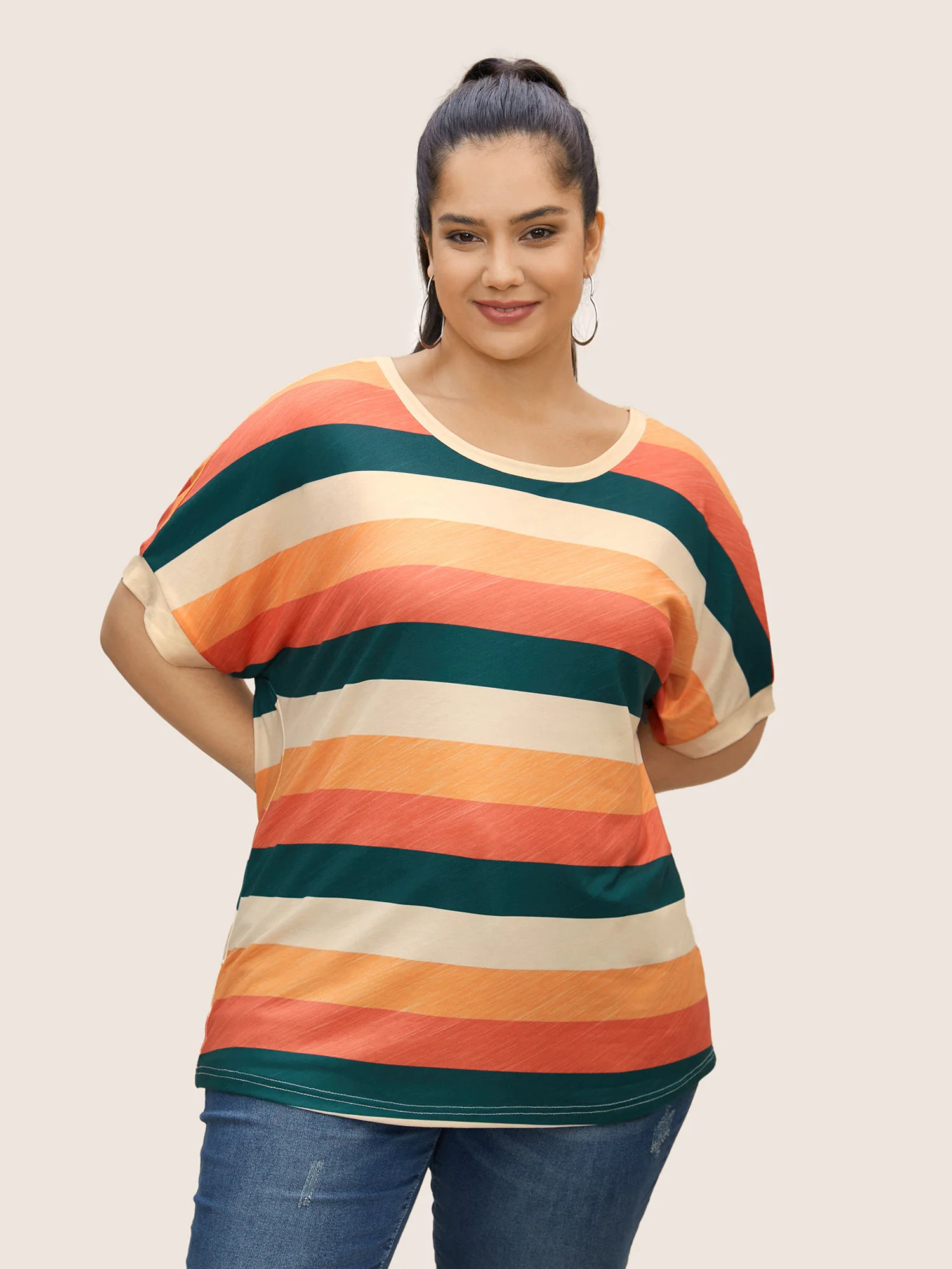 Colored Striped Crew Neck Batwing Sleeve T-shirt - Image 3