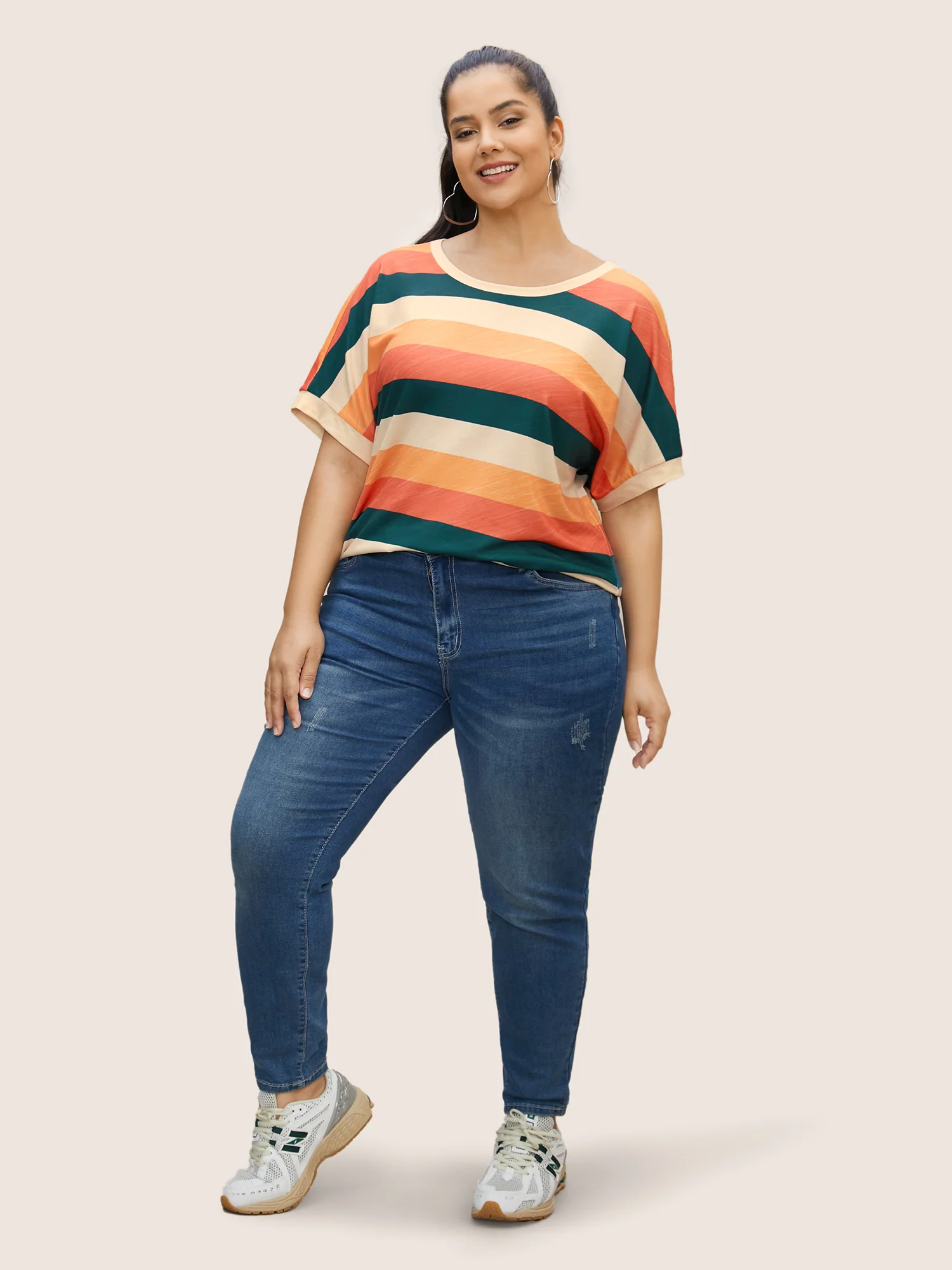 Colored Striped Crew Neck Batwing Sleeve T-shirt - Image 4