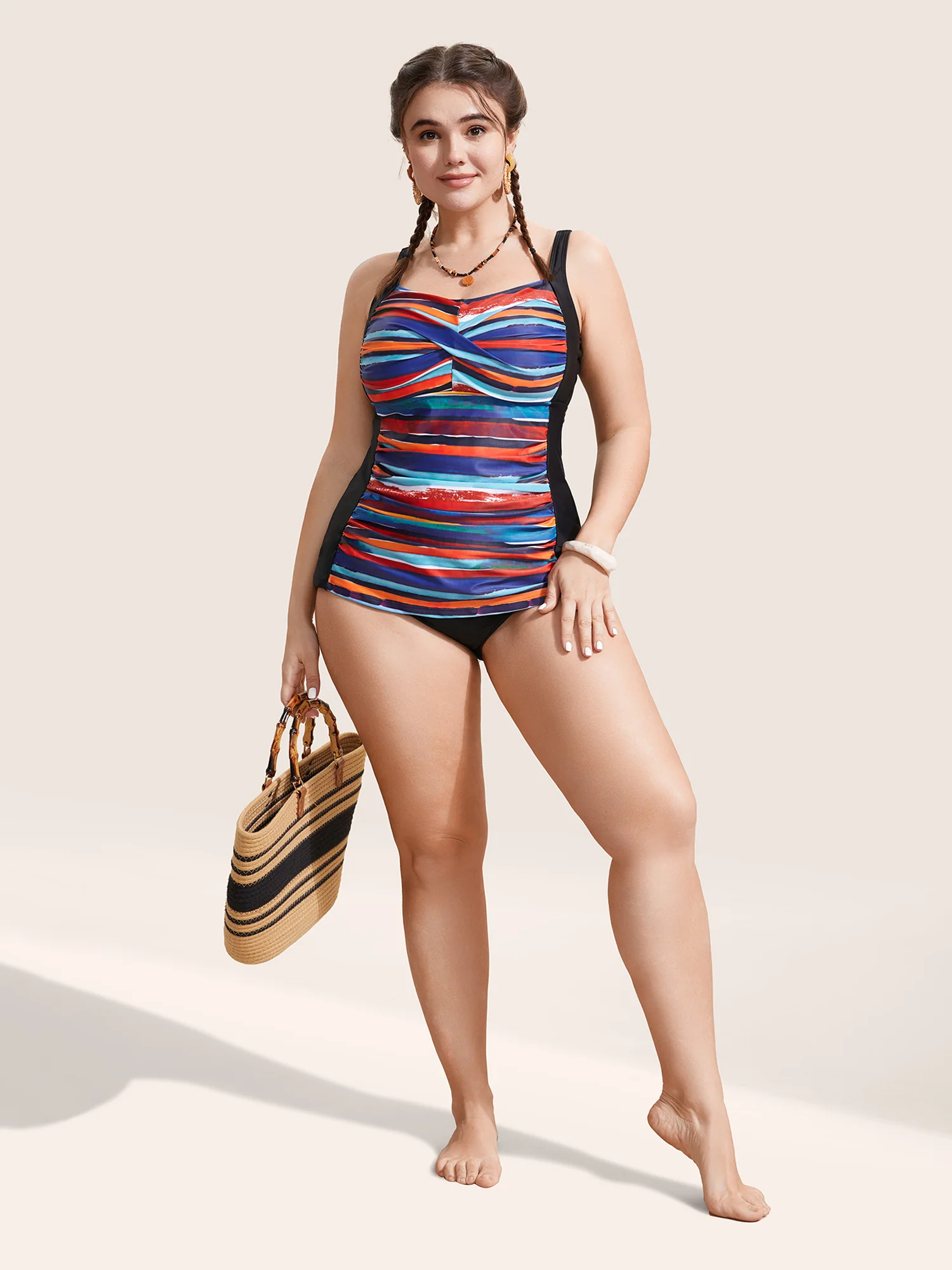 Colored Striped Gathered Twist Front Swim Top - Image 3