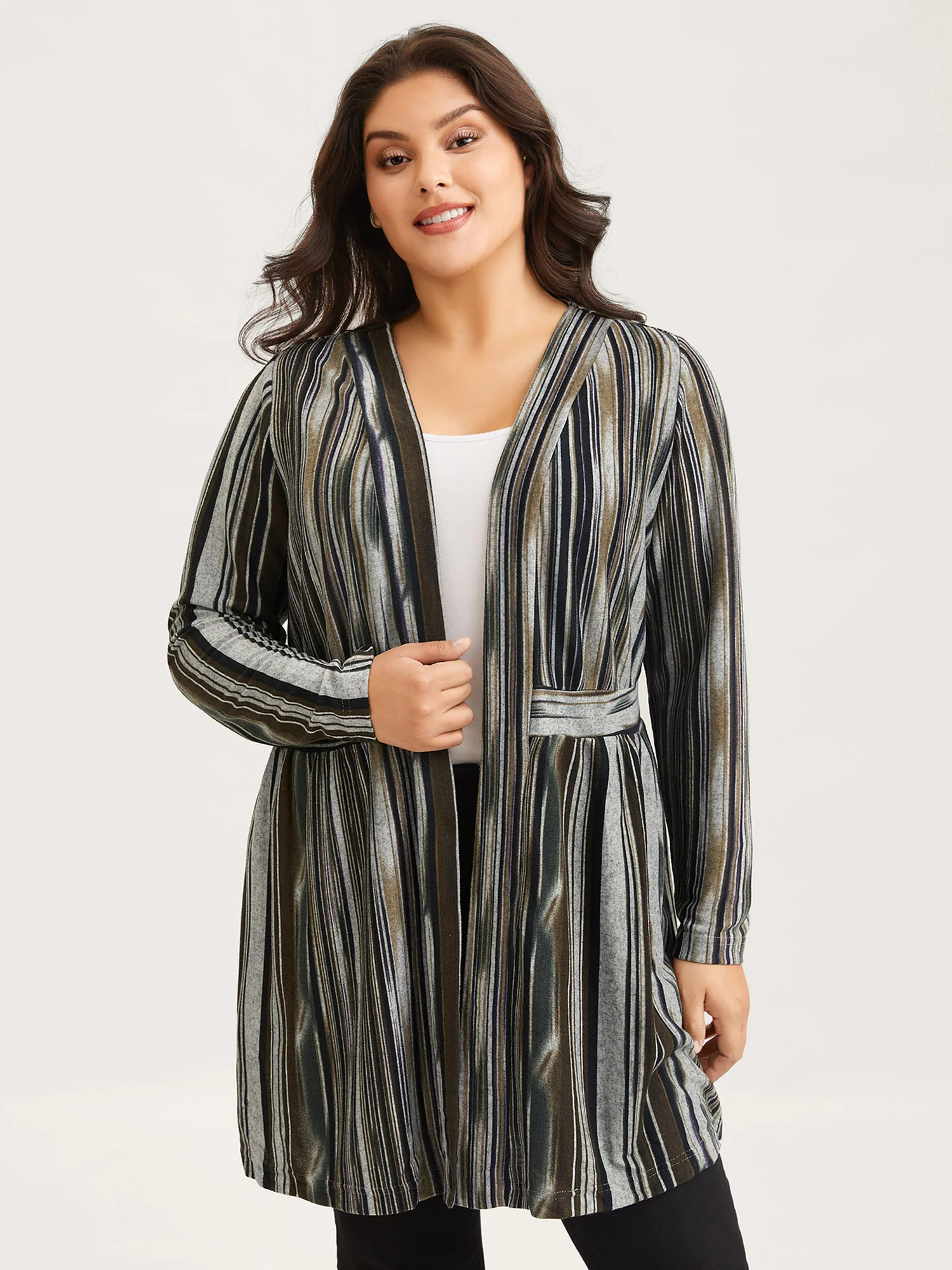 Colored Striped Open Front Waist Defining Jacket - Image 2